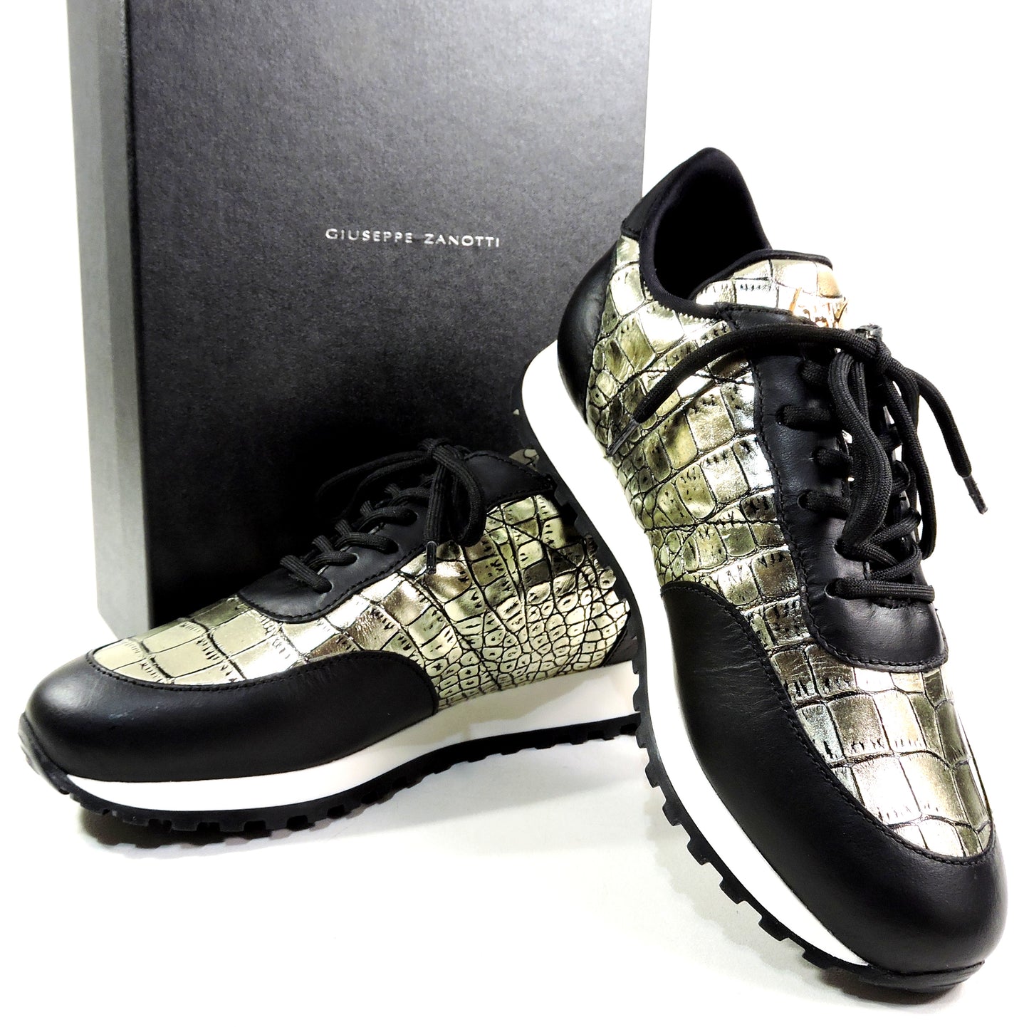 GIUSEPPE ZANOTTI 🇮🇹 WOMEN'S PLATINO & BLACK SOFT LEATHER COMFORT SNEAKERS