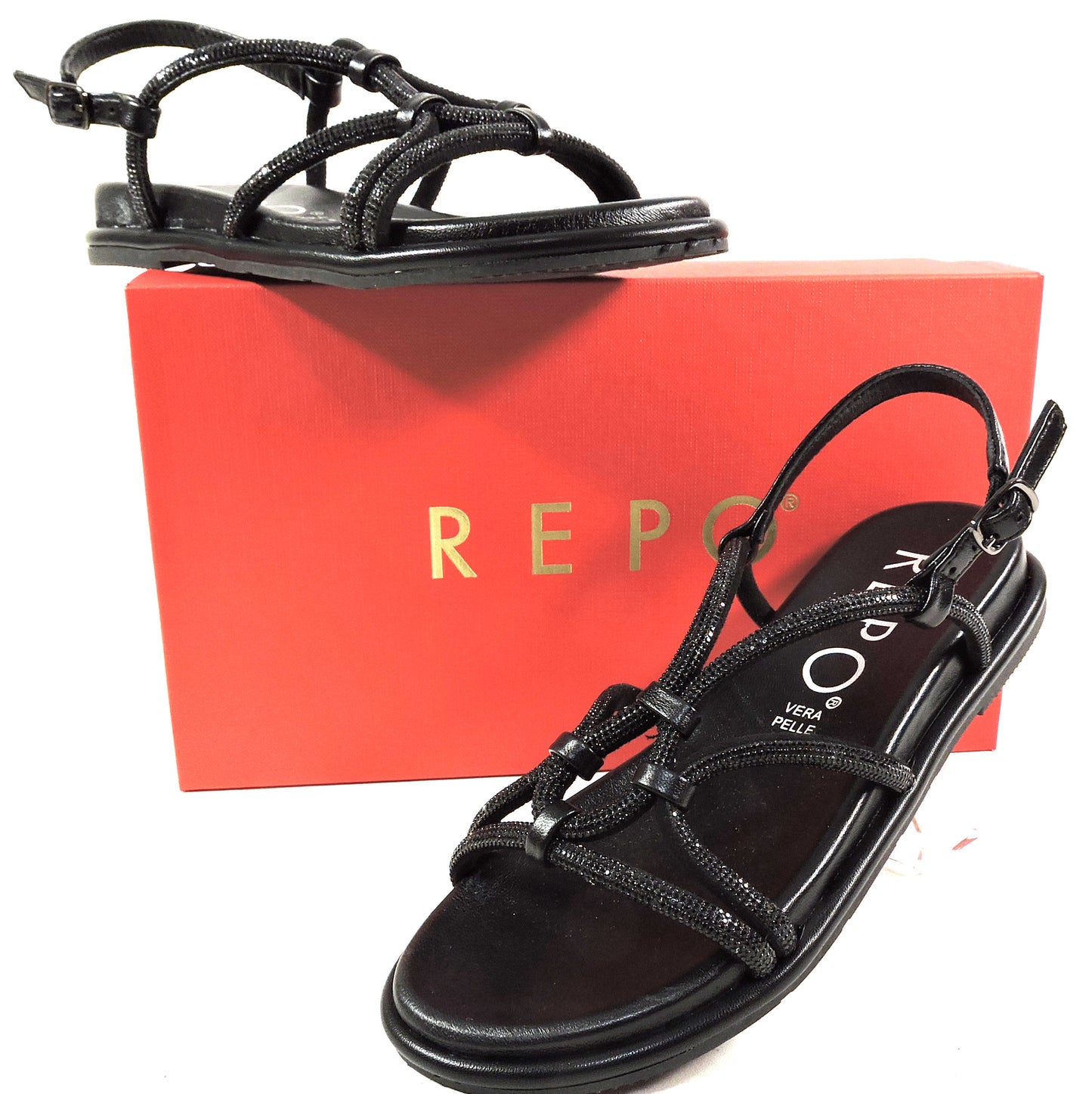 REPO 🇮🇹 WOMEN'S BLACK LEATHER COMFORT SUMMER FLAT SANDALS