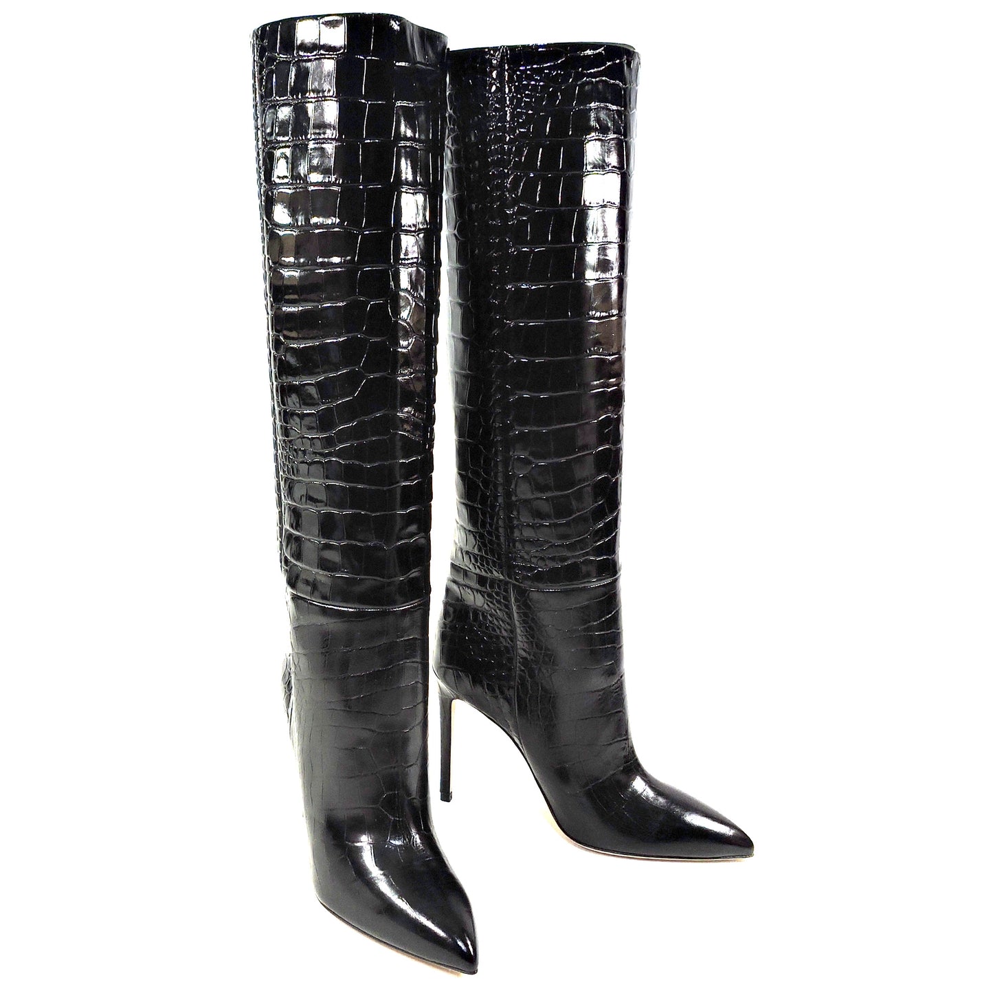 PARIS TEXAS 🇮🇹 WOMEN'S BLACK EMBOSSED CROCO STILETTO FASHION BOOTS