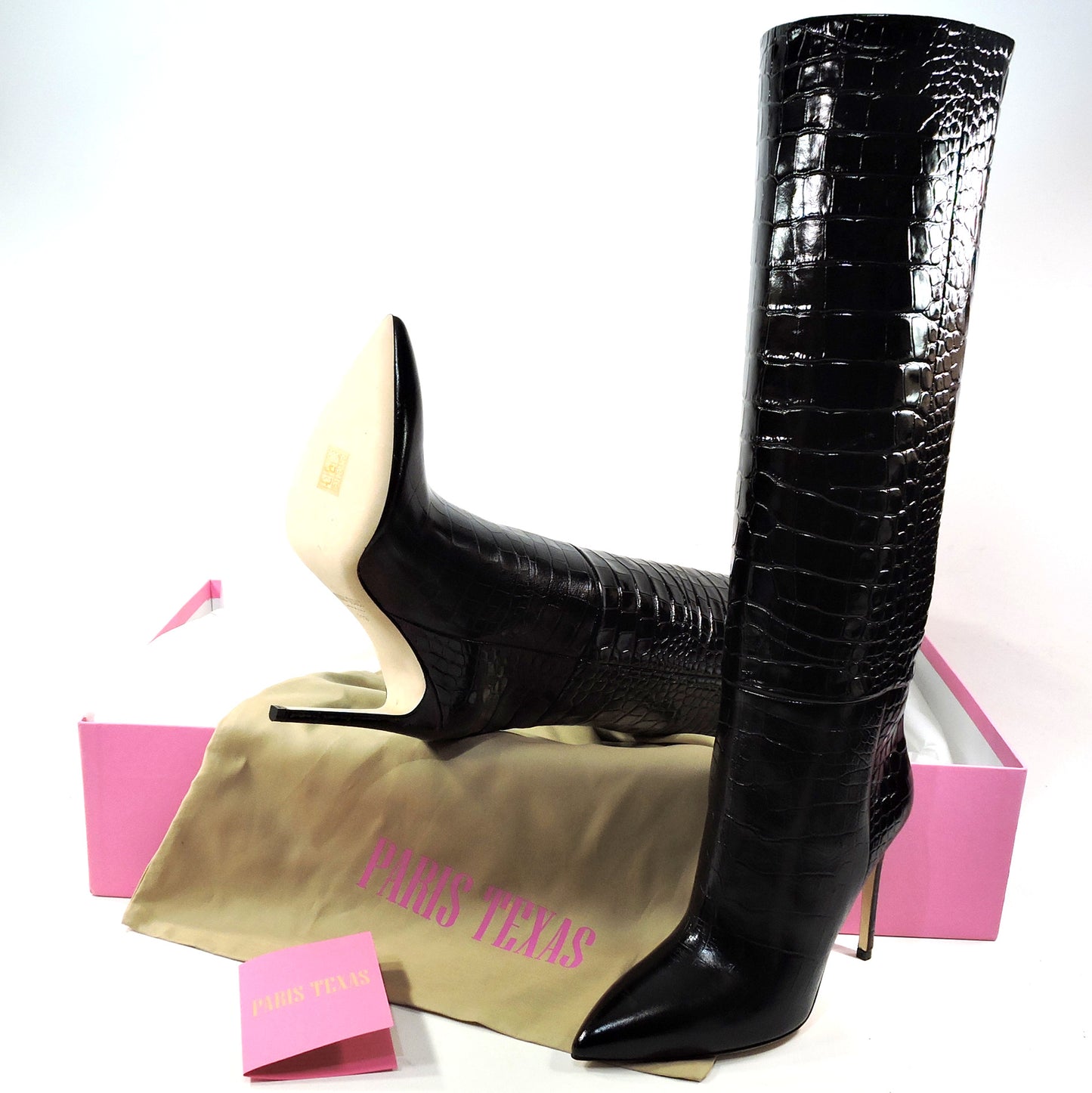 PARIS TEXAS 🇮🇹 WOMEN'S BLACK EMBOSSED CROCO STILETTO FASHION BOOTS