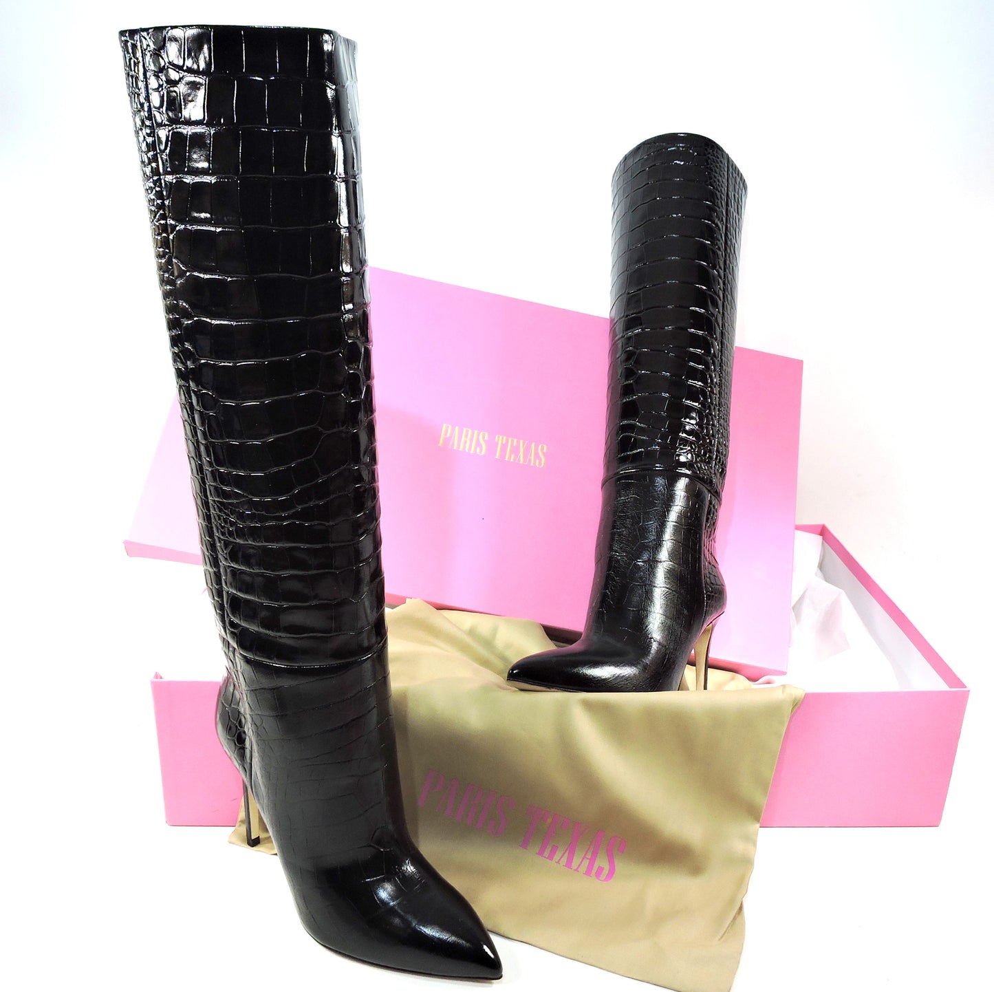 PARIS TEXAS 🇮🇹 WOMEN'S BLACK EMBOSSED CROCO STILETTO FASHION BOOTS