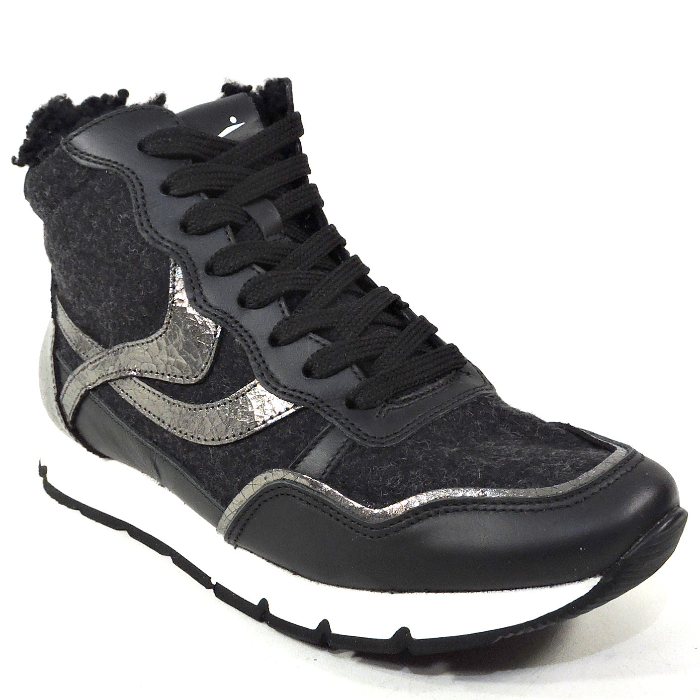 VOILE BLANCHE 🇮🇹 WOMEN'S BLACK LEATHER & WOOL WINTER FASHION SNEAKERS