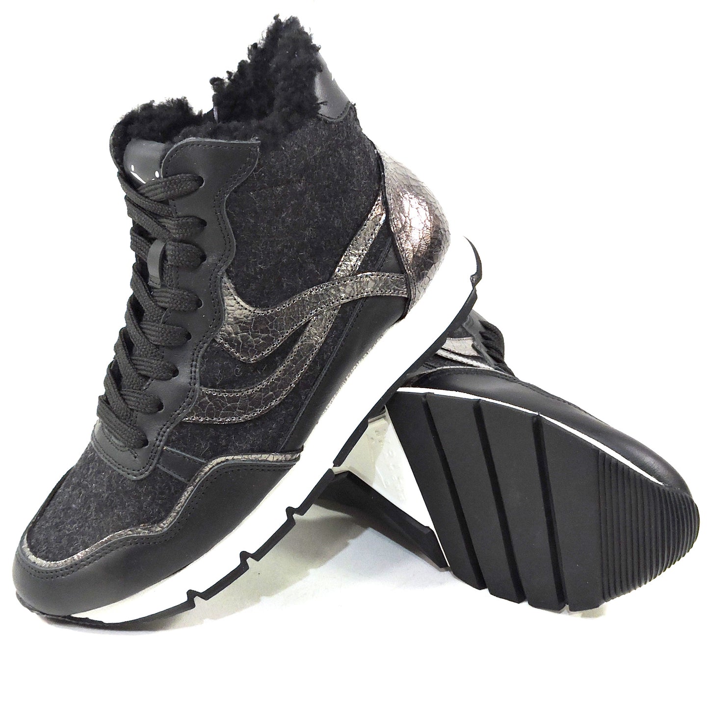 VOILE BLANCHE 🇮🇹 WOMEN'S BLACK LEATHER & WOOL WINTER FASHION SNEAKERS