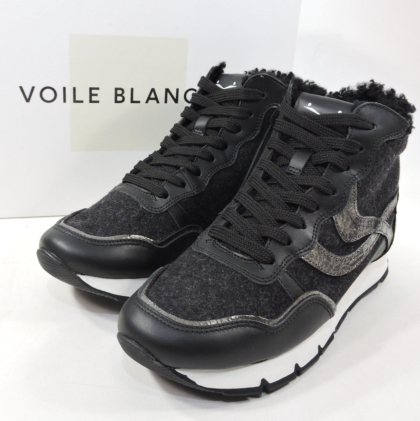 VOILE BLANCHE 🇮🇹 WOMEN'S BLACK LEATHER & WOOL WINTER FASHION SNEAKERS