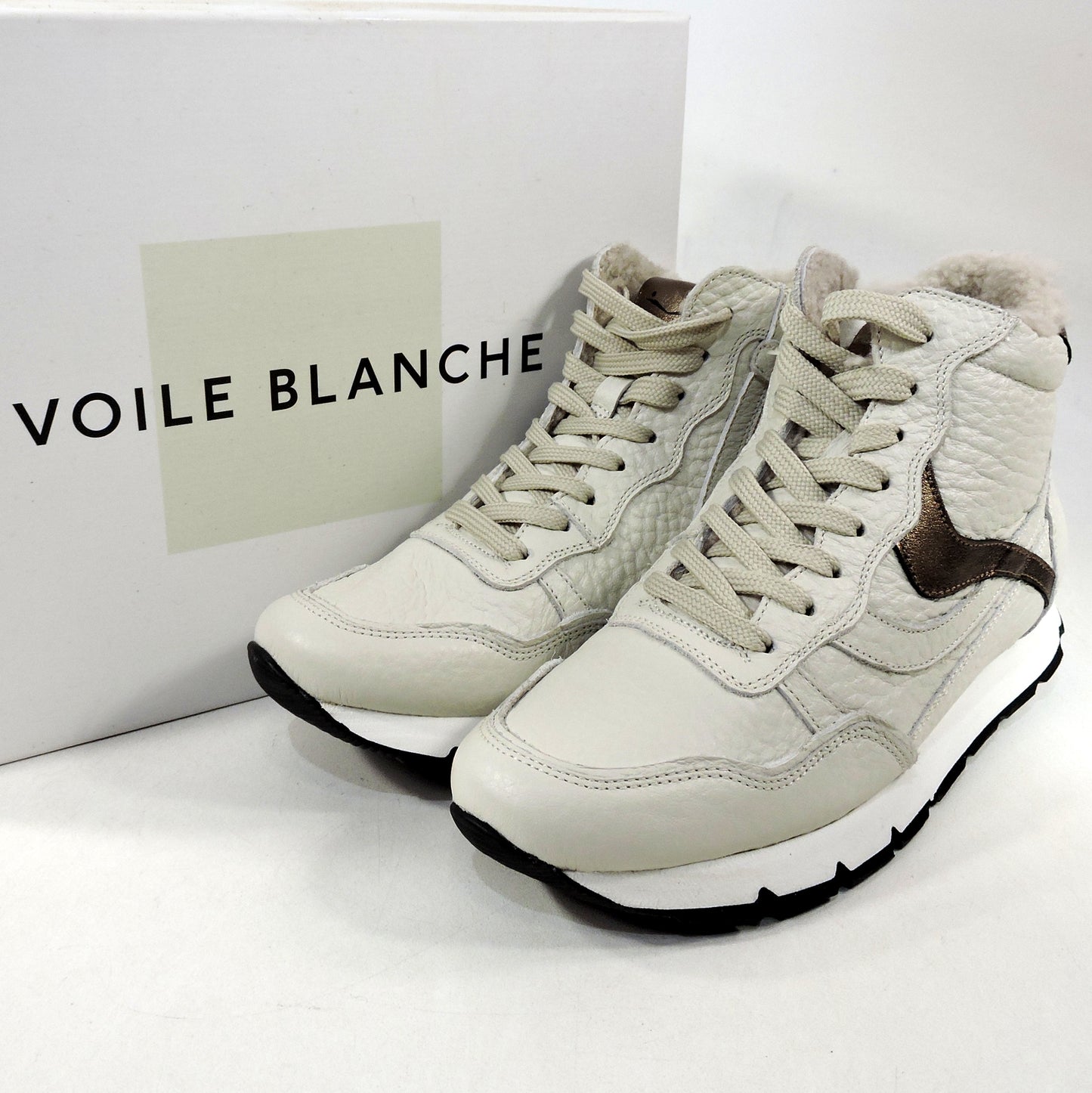 VOILE BLANCHE 🇮🇹 WOMEN'S BEIGE LEATHER & WOOL WINTER FASHION SNEAKERS