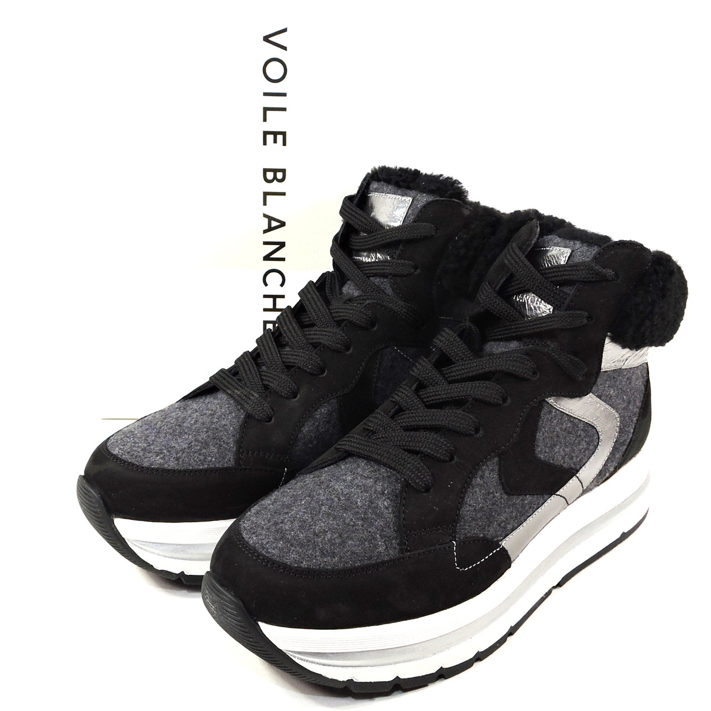 VOILE BLANCHE ๐ฎ๐น WOMEN'S BLACK LEATHER & WOOL WINTER FASHION SNEAKERS