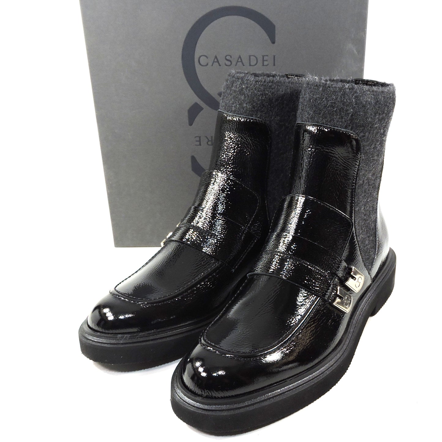 CASADEI š®š¹ WOMEN'S BLACK SOFT PATENT LEATHER WINTER COMFORT ANKLE BOOTIE