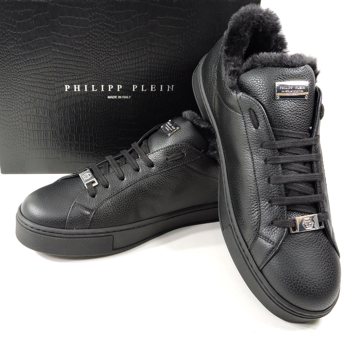 PHILIPP PLEIN 🇮🇹 MEN'S BLACK SOFT LEATHER WINTER COMFORT SNEAKERS