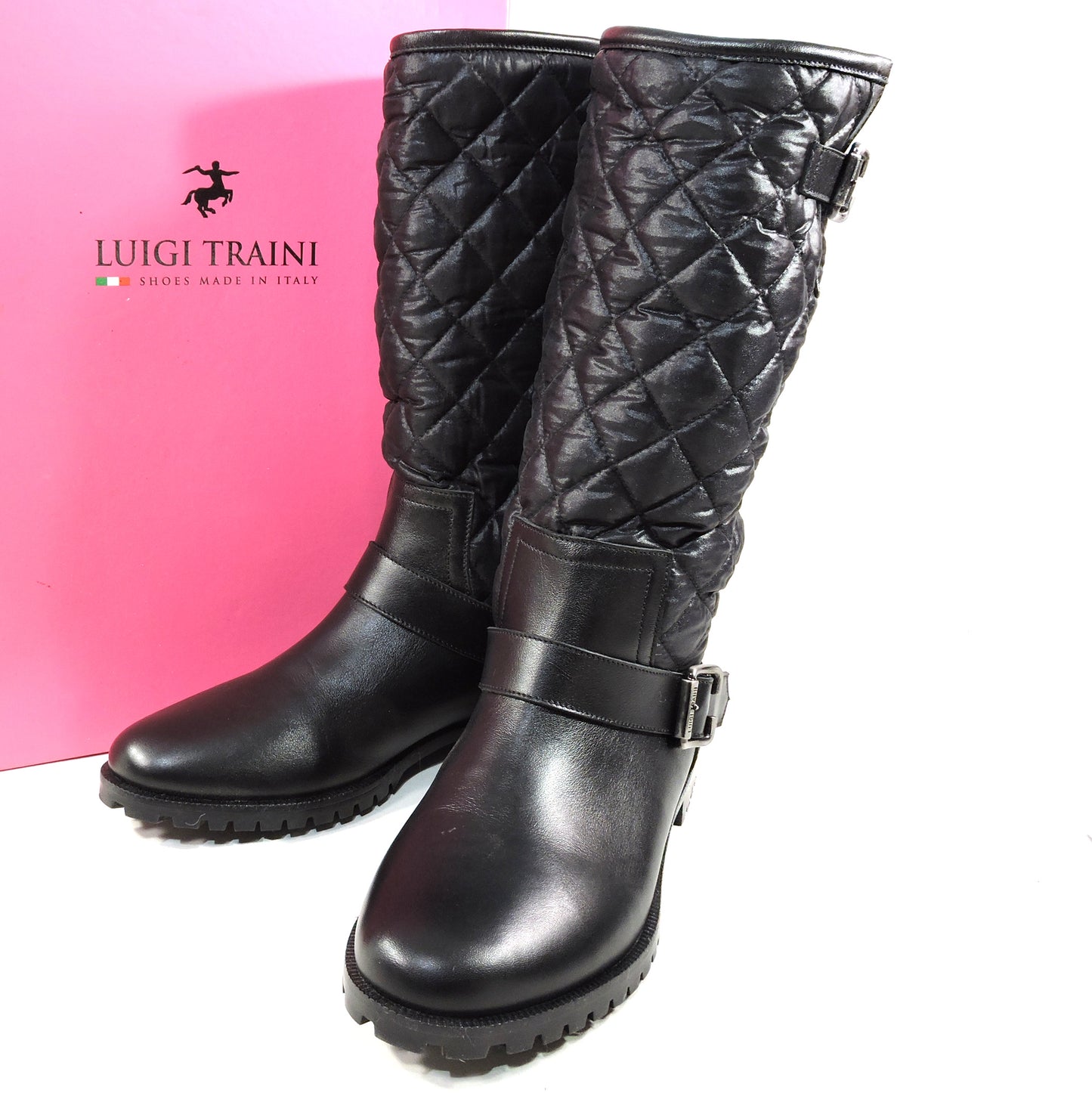 LUIGI TRAINI ๐ฎ๐น WOMEN'S BLACK LEATHER & FABRIC MERINO FUR WINTER BOOTS