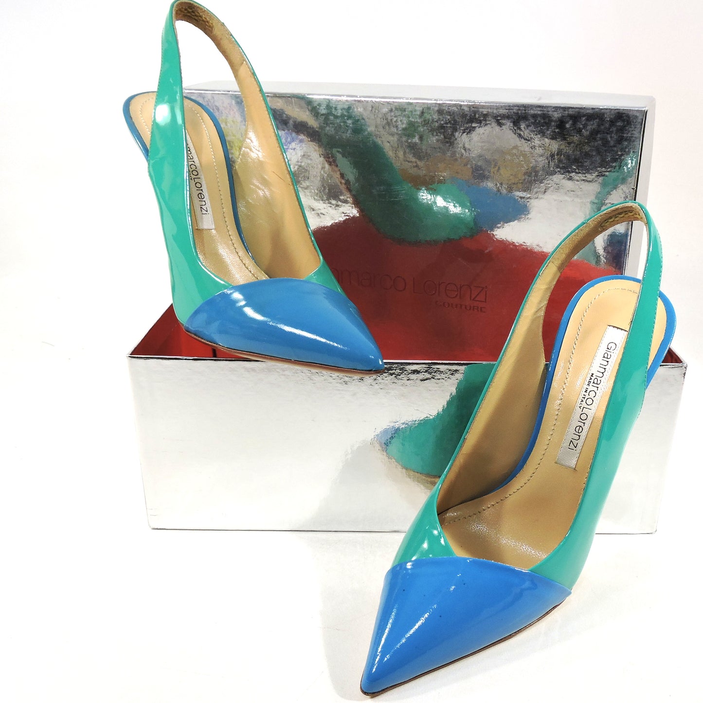 GIANMARCO LORENZI 🇮🇹 WOMEN'S BLUE & GREEN PATENT LEATHER FASHION SANDALS