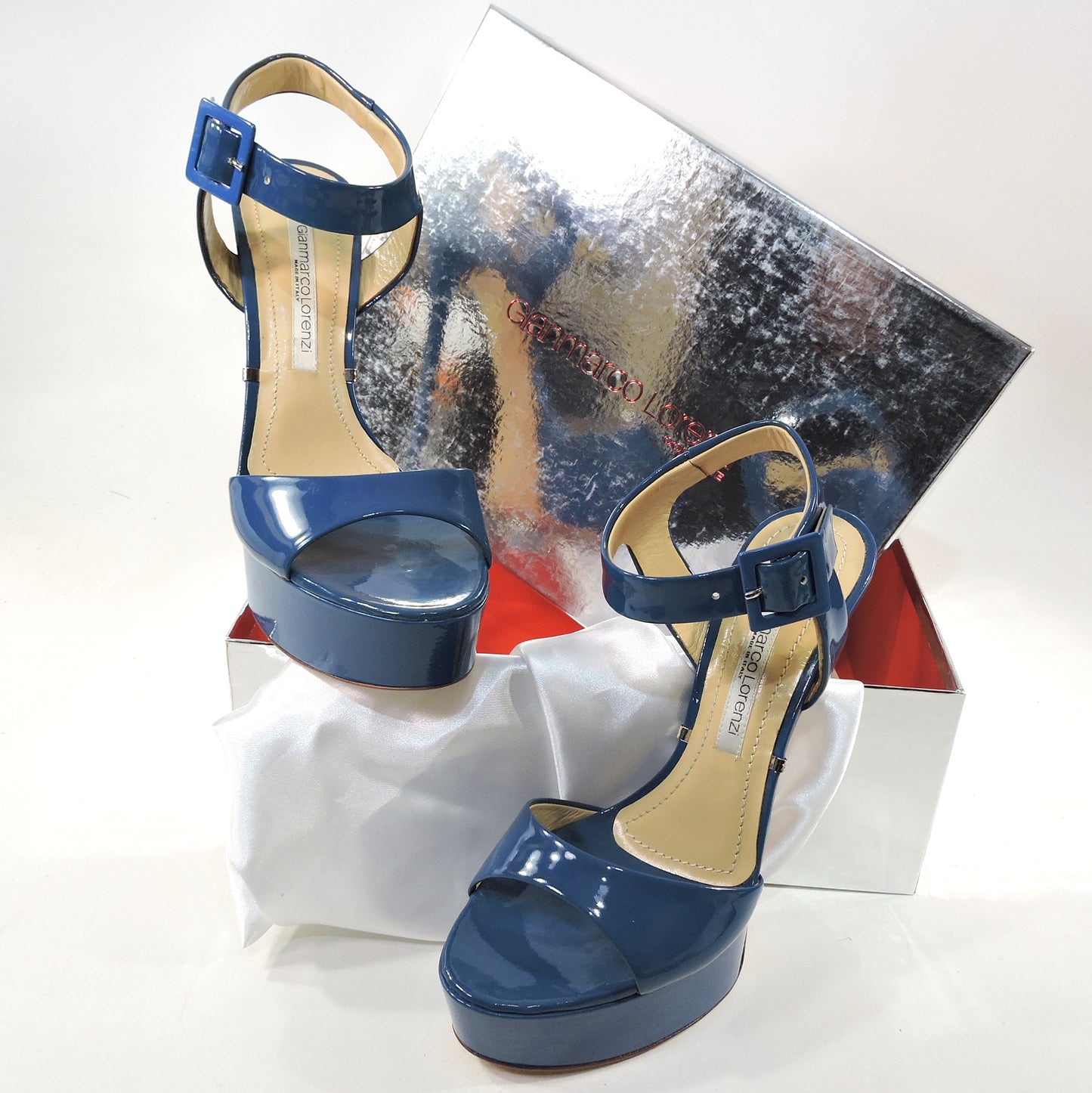 GIANMARCO LORENZI 🇮🇹 WOMEN'S BLUE PATENT LEATHER FASHION SANDALS