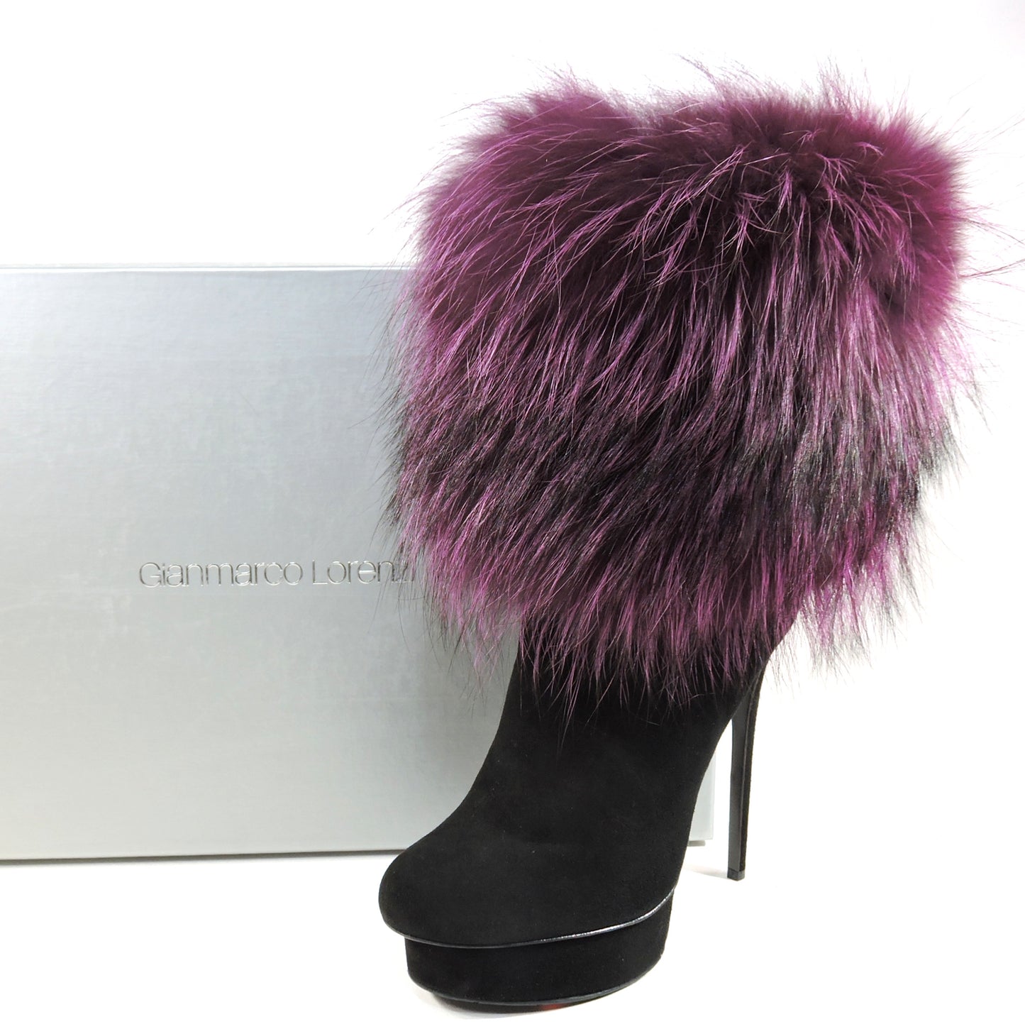 GIANMARCO LORENZI 🇮🇹 WOMEN'S BLACK SUEDE & FOX FUR FASHION BOOTIE