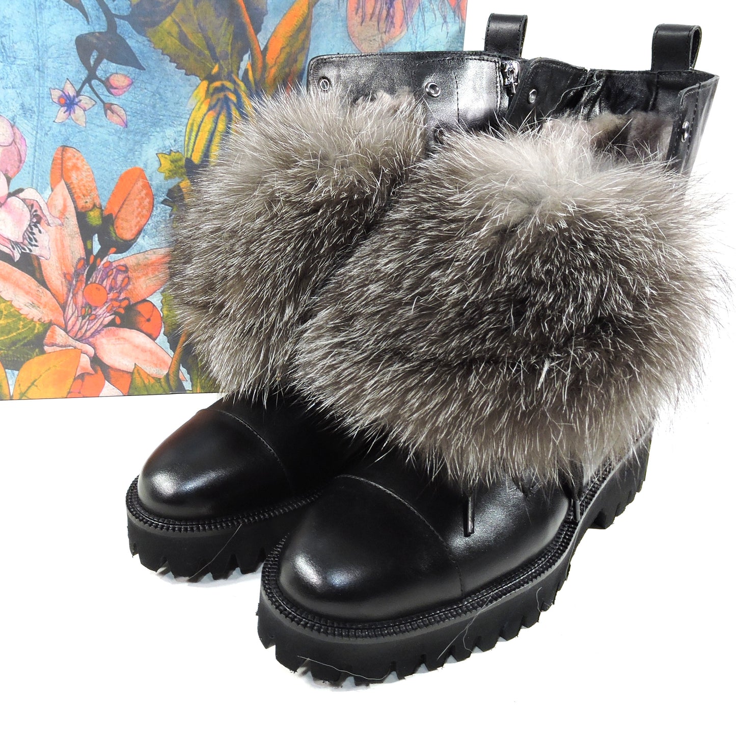 ALESSANDRO DI MARIA ๐ฎ๐น WOMEN'S BLACK LEATHER & FUR WINTER FASHION BOOTIE