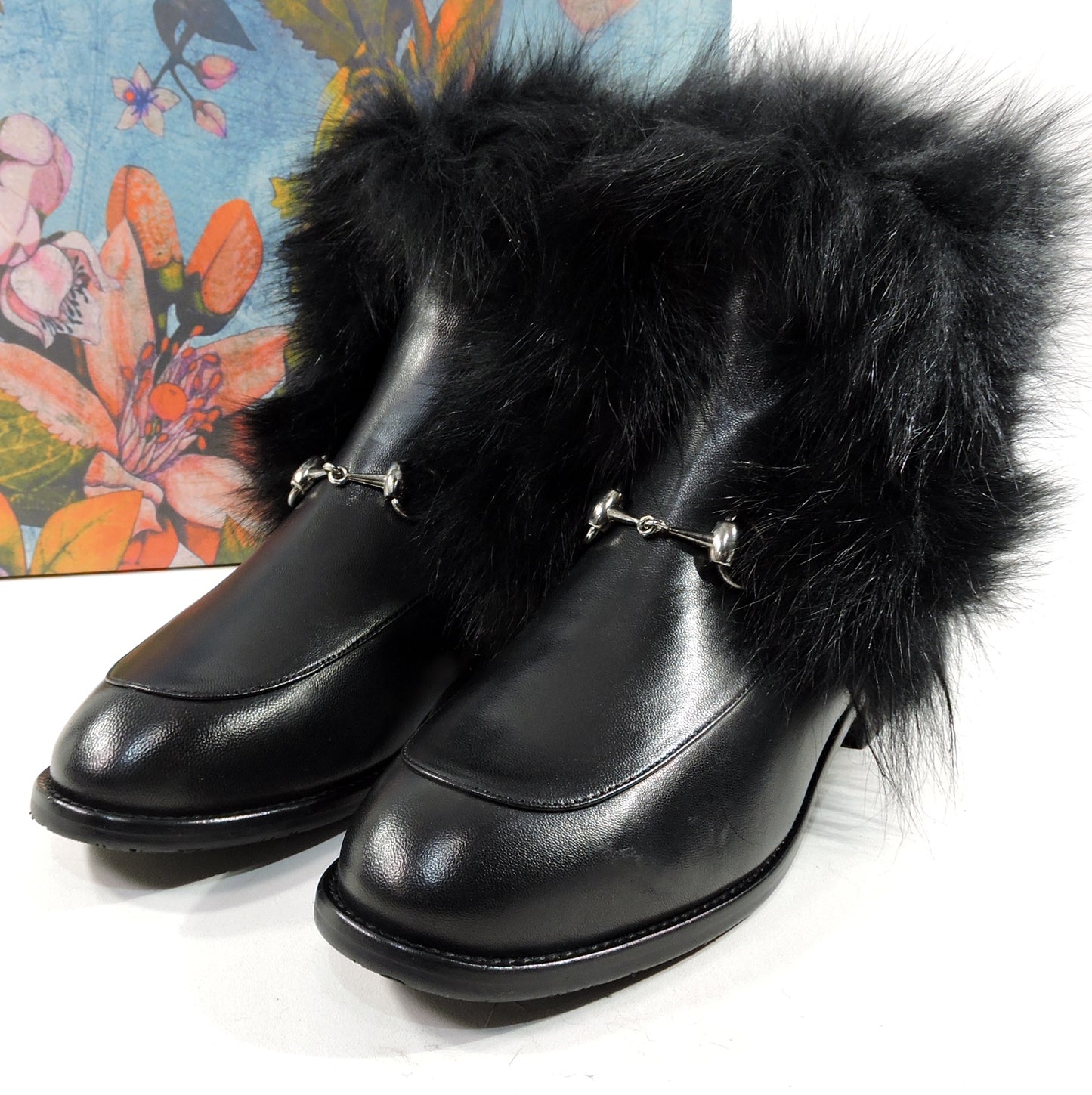 ALESSANDRO DI MARIA ๐ฎ๐น WOMEN'S BLACK LEATHER & FUR WINTER FASHION BOOTIE