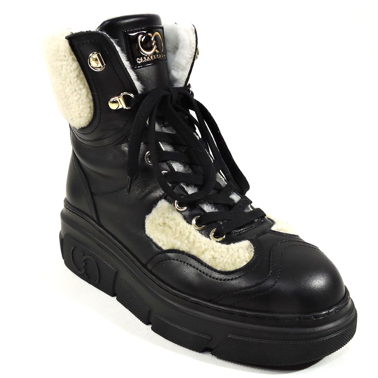 CASADEI ๐ฎ๐น WOMEN'S BLACK SOFT LEATHER WHITE MERINO FUR WINTER FASHION BOOTIE