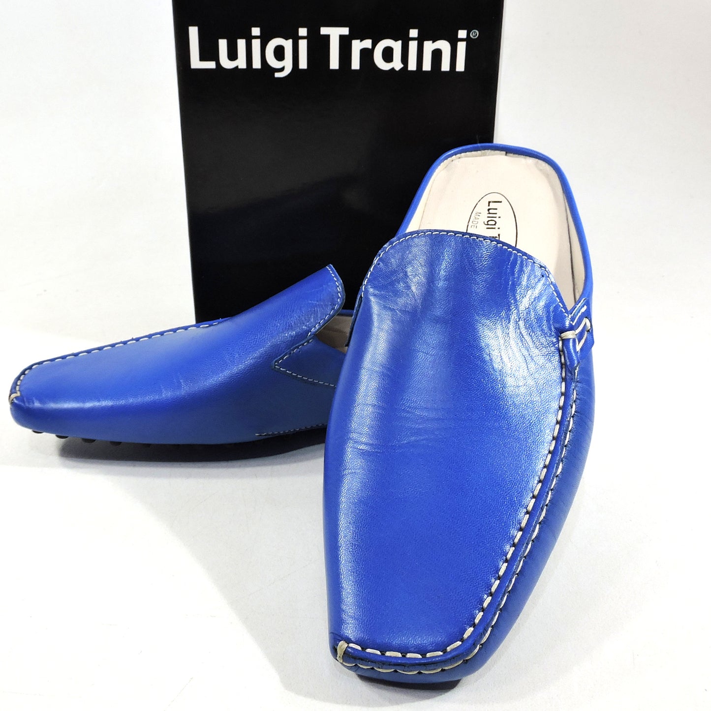 LUIGI TRAINI ๐ฎ๐น WOMEN'S BLUE SOFT LEATHER COMFORT SUMMER FLAT MULES