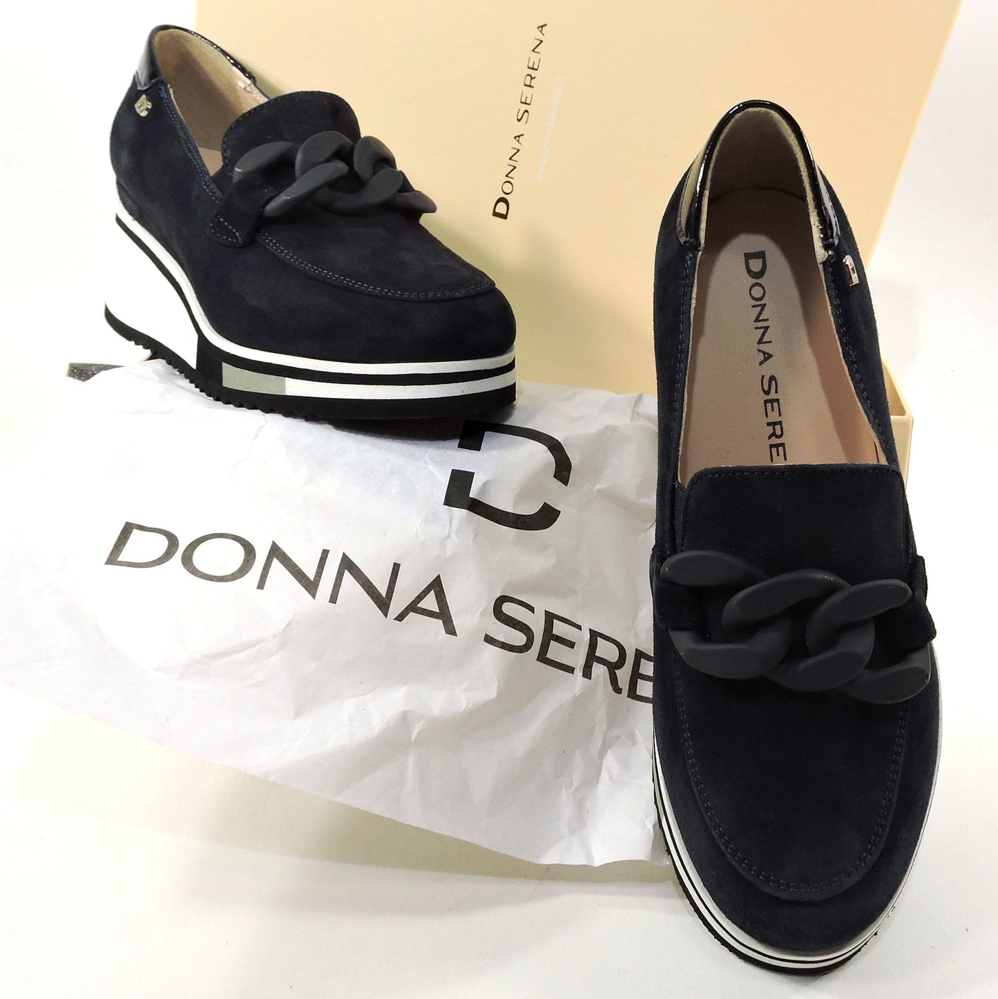 DONNA SERENA ๐ฎ๐น WOMEN'S NAVY BLUE SUEDE COMFORT WEDGE LOAFERS