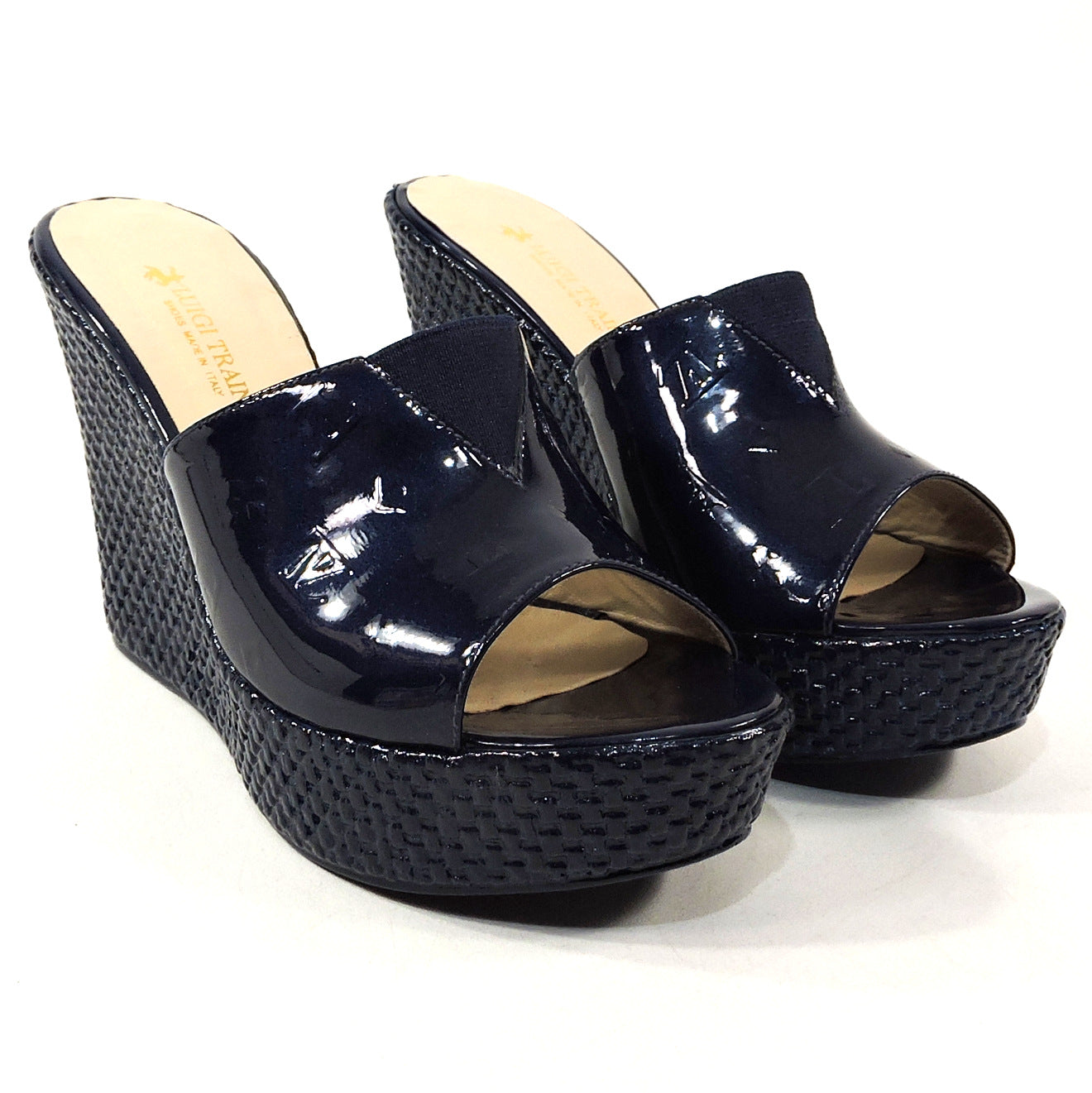LUIGI TRAINI ๐ฎ๐น WOMEN'S NAVY BLUE LEATHER COMFORT WEDGE MULES
