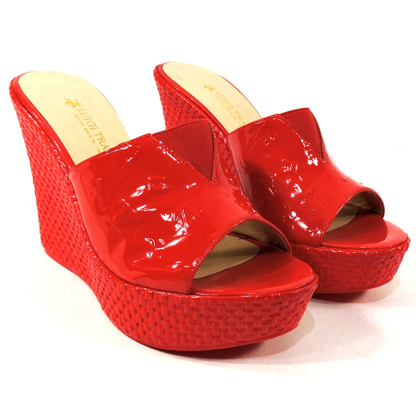 LUIGI TRAINI ๐ฎ๐น WOMEN'S RED PATENT LEATHER COMFORT WEDGE MULES