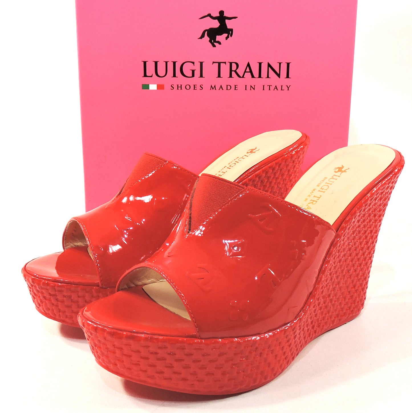 LUIGI TRAINI ๐ฎ๐น WOMEN'S RED PATENT LEATHER COMFORT WEDGE MULES