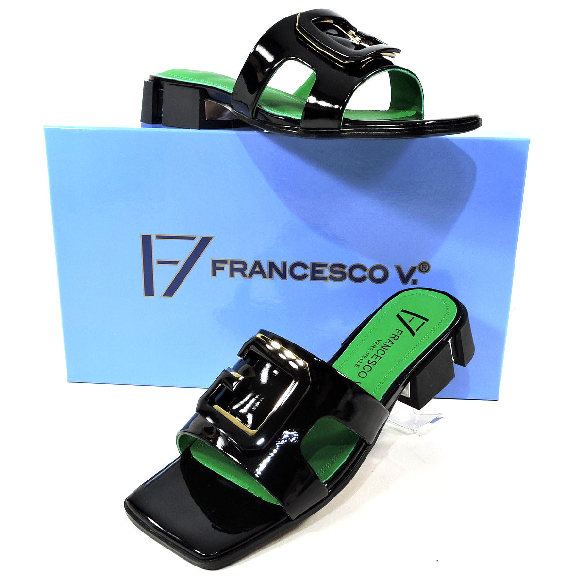 FRANCESCO V. š®š¹ WOMEN'S BLACK PATENT LEATHER FASHION MULES