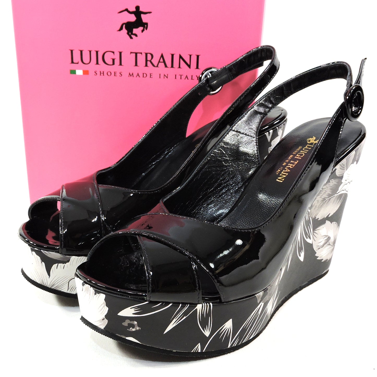 LUIGI TRAINI 🇮🇹 WOMEN'S BLACK PATENT LEATHER COMFORT WEDGE SUMMER SANDALS