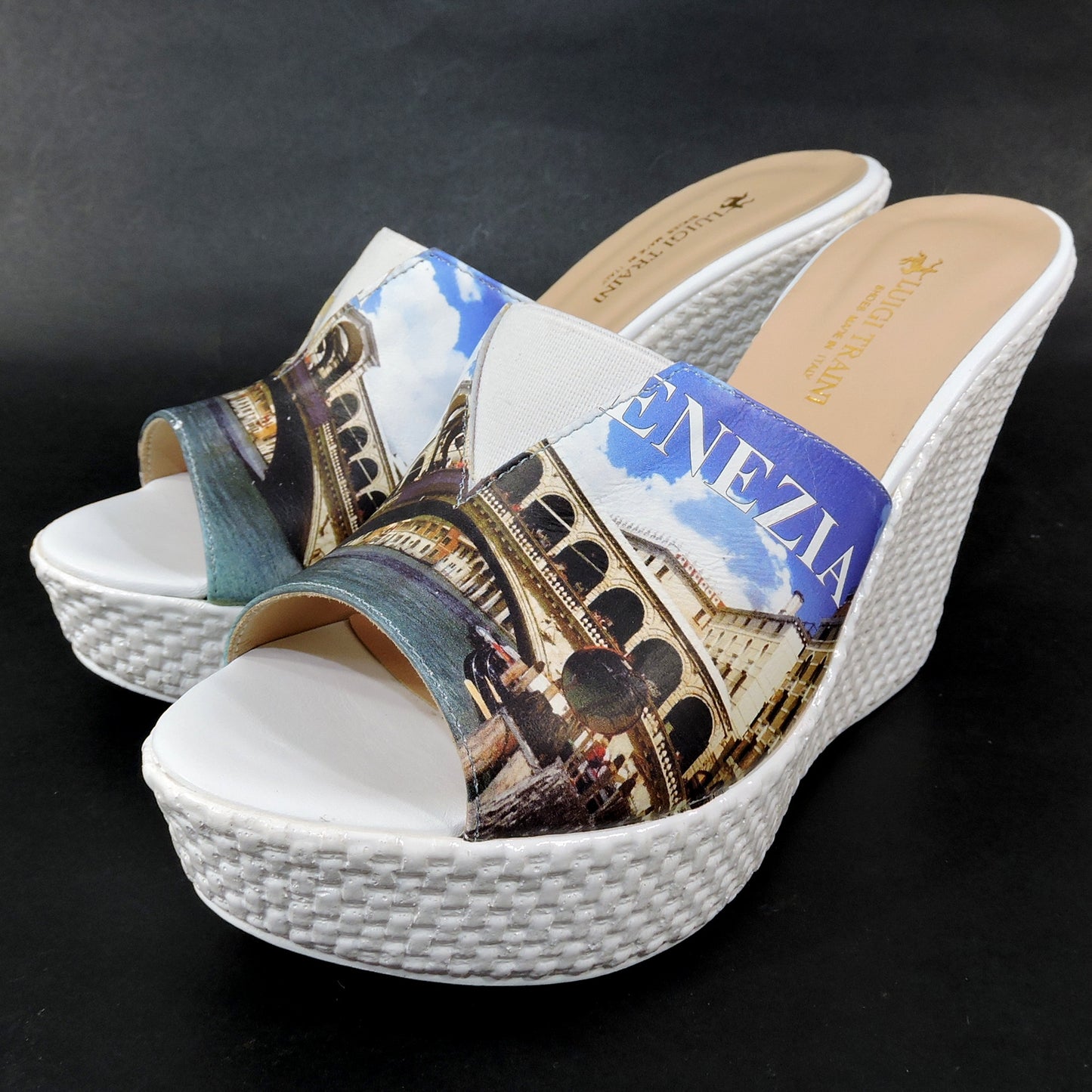 LUIGI TRAINI 🇮🇹 WOMEN'S MULTICOLOR LEATHER COMFORT WEDGE SUMMER MULES