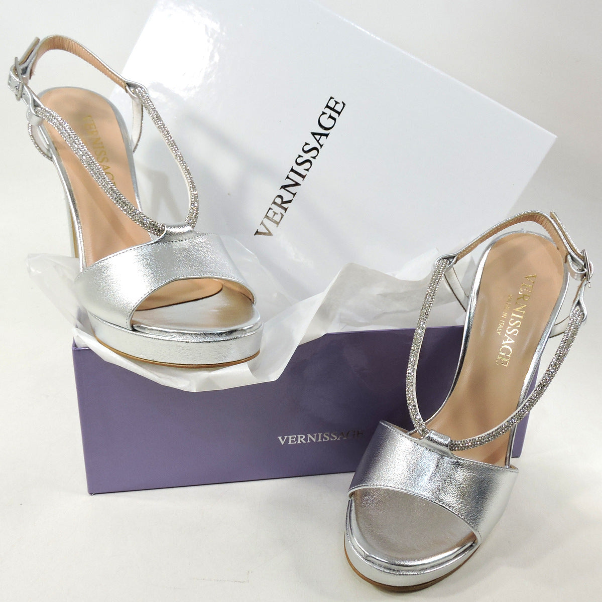 VERNISSAGE 🇮🇹 WOMEN'S SILVER LEATHER FASHION HEELED SANDALS