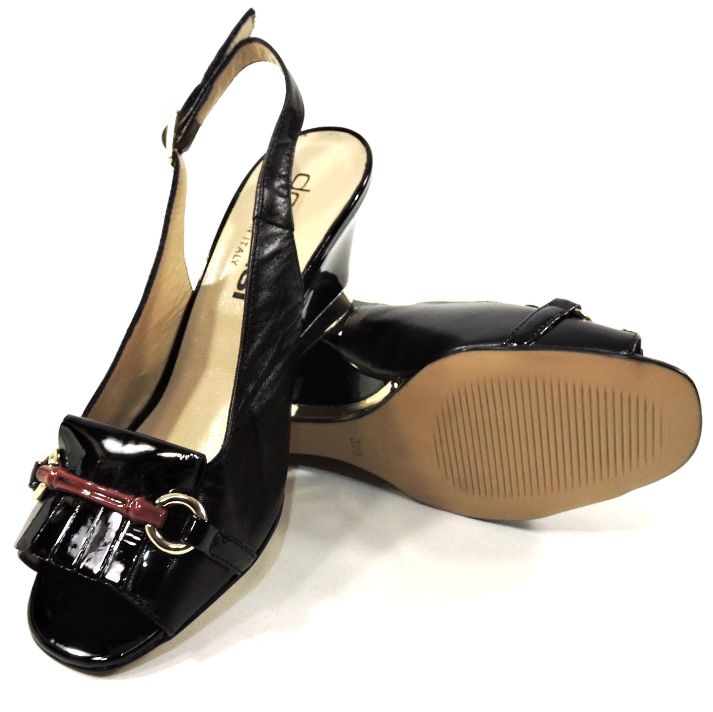 DONNA SI 🇮🇹 WOMEN'S BLACK PATENT LEATHER COMFORT WEDGE SANDALS