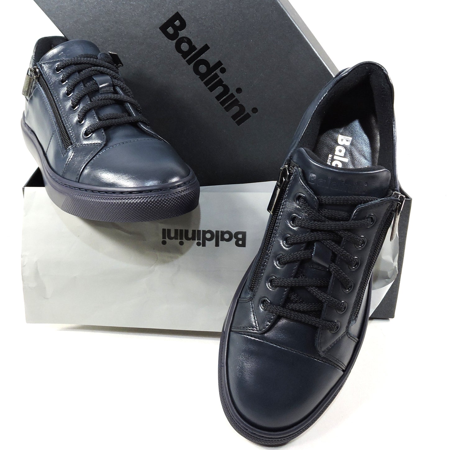 BALDININI ๐ฎ๐น MEN'S NAVY BLUE SOFT LEATHER COMFORT WARM FASHION SNEAKERS