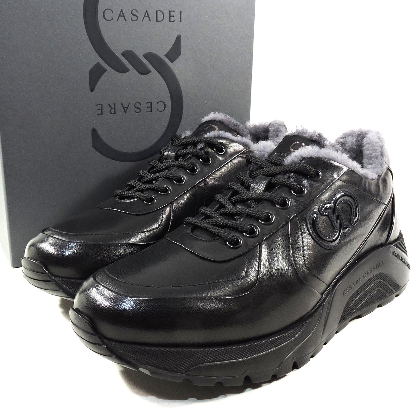 CASADEI ๐ฎ๐น MEN'S BLACK SOFT LEATHER LAMB FUR FASHION WINTER SNEAKERS
