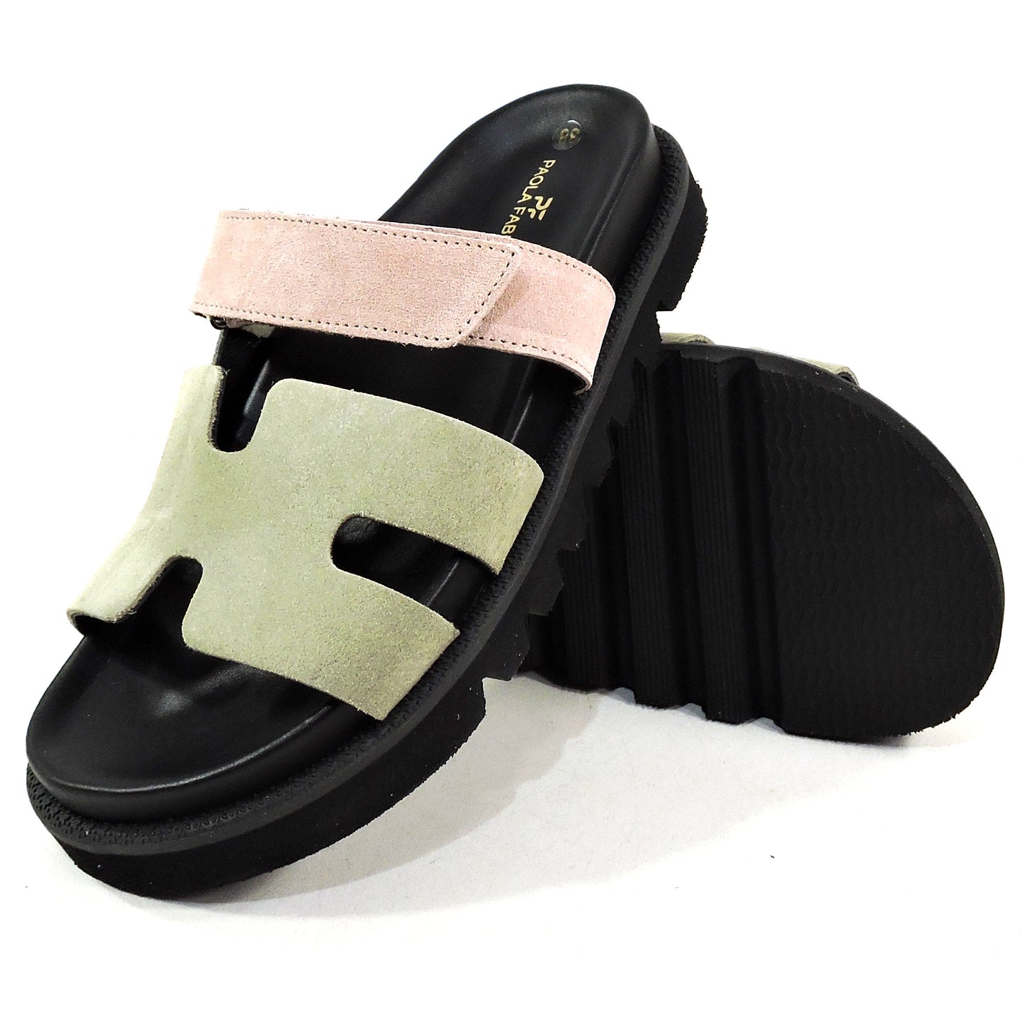 PAOLA FABIANI 🇮🇹 WOMEN'S GREEN SUEDE COMFORT SUMMER FLAT SANDALS