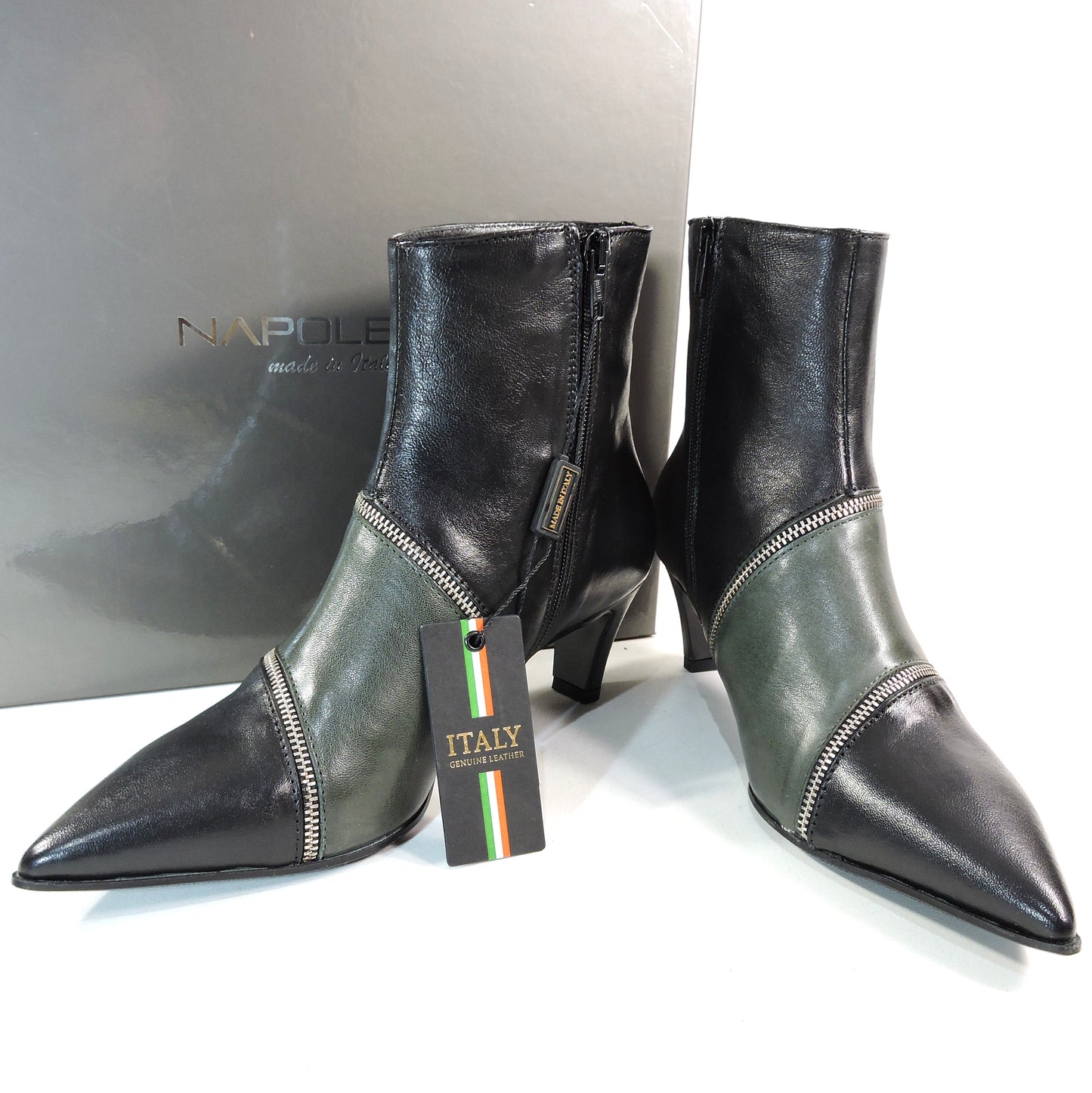 NAPOLEONI Women's Green Leather Pointed Toe Ankle Booties with Zipper Detail, Kitten Heel Fashion Boots