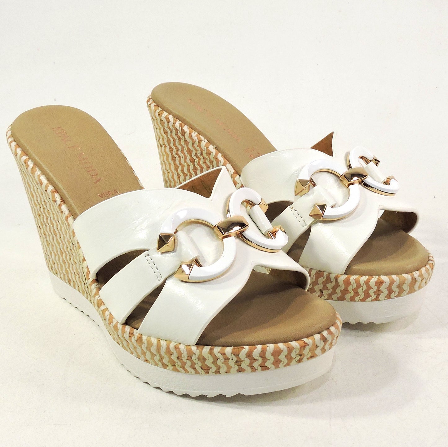 SPACE MODA BY REPO 🇮🇹 WOMEN'S WHITE SOFT LEATHER COMFORT SUMMER WEDGE MULES