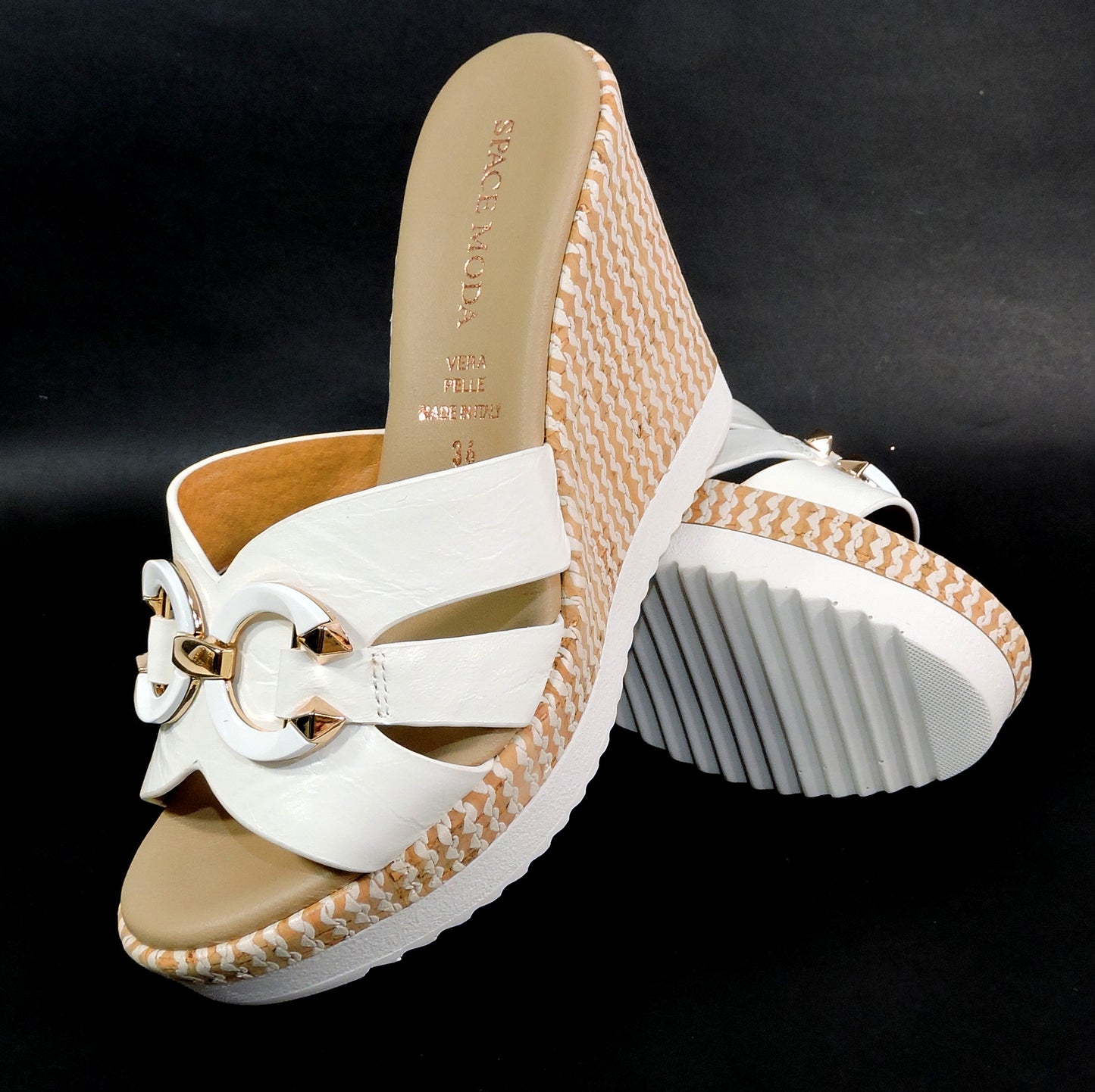 SPACE MODA BY REPO 🇮🇹 WOMEN'S WHITE SOFT LEATHER COMFORT SUMMER WEDGE MULES