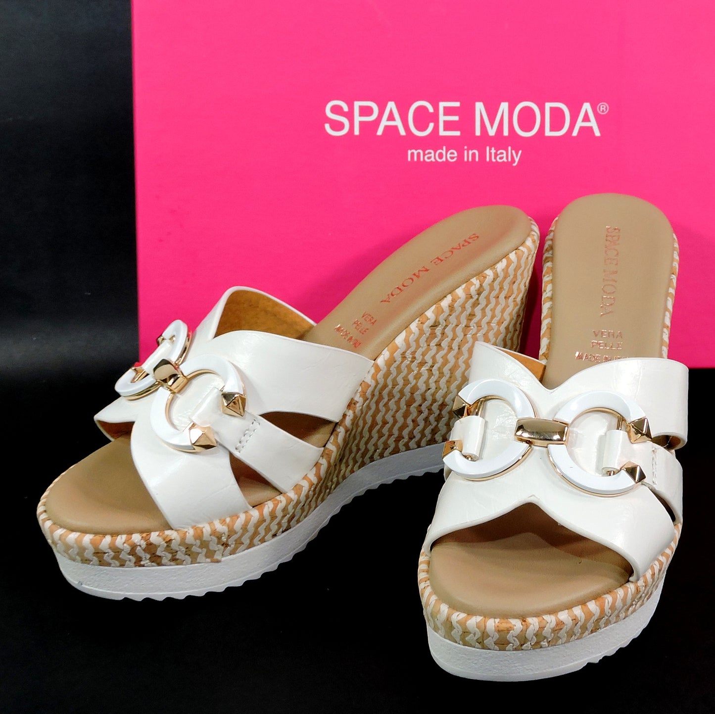 SPACE MODA BY REPO 🇮🇹 WOMEN'S WHITE SOFT LEATHER COMFORT SUMMER WEDGE MULES