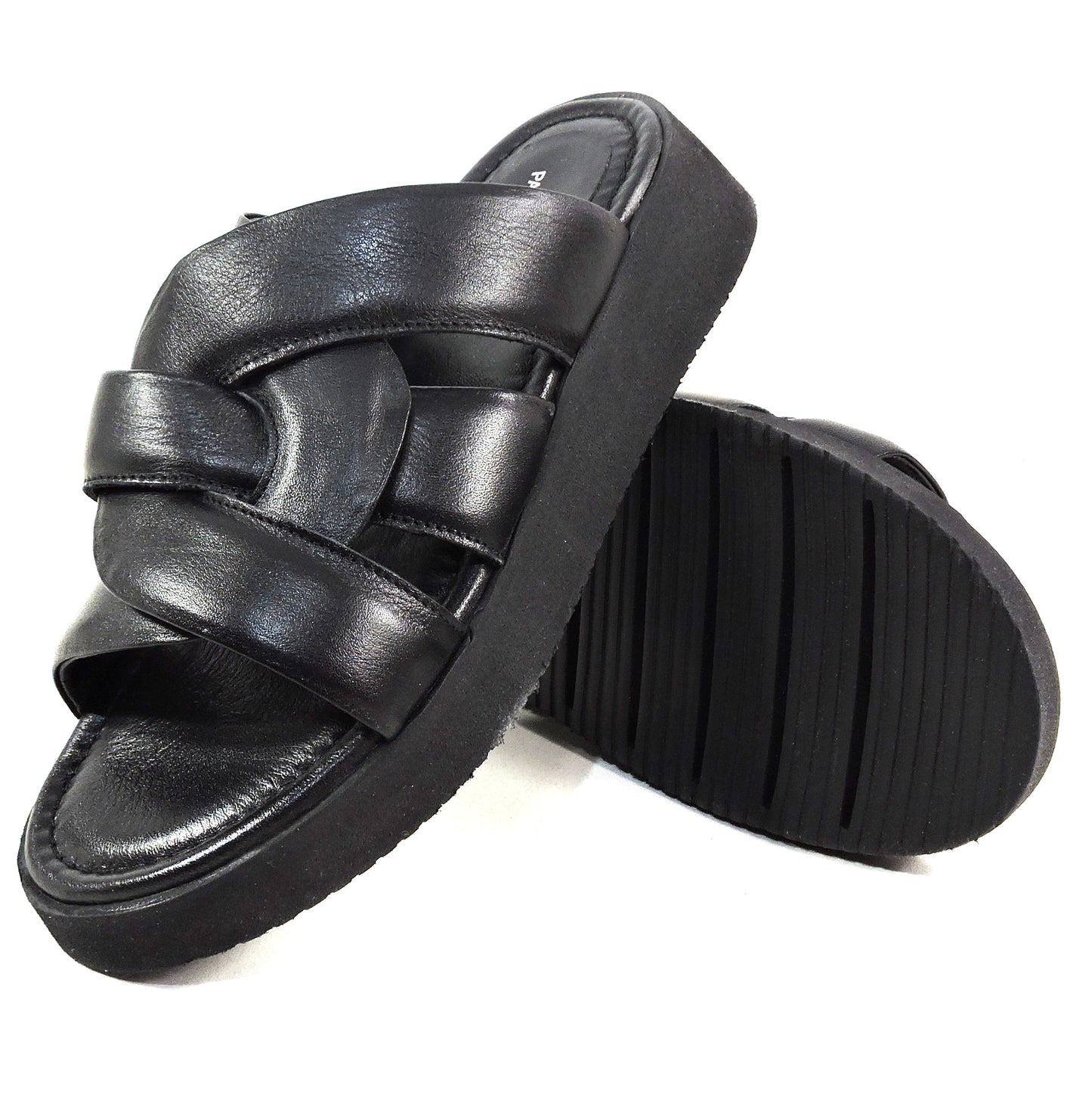 PAOLA FABIANI 🇮🇹 WOMEN'S BLACK LEATHER COMFORT FLAT PLATFORM MULES