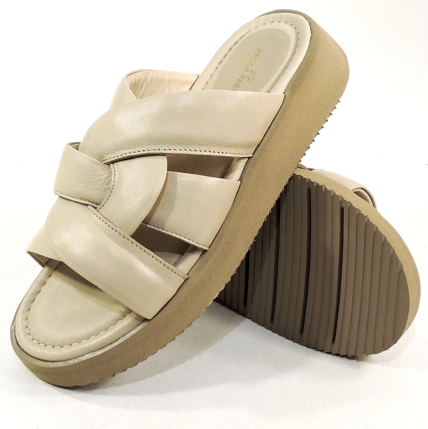 PAOLA FABIANI 🇮🇹 WOMEN'S BEIGE LEATHER COMFORT FLAT PLATFORM MULES