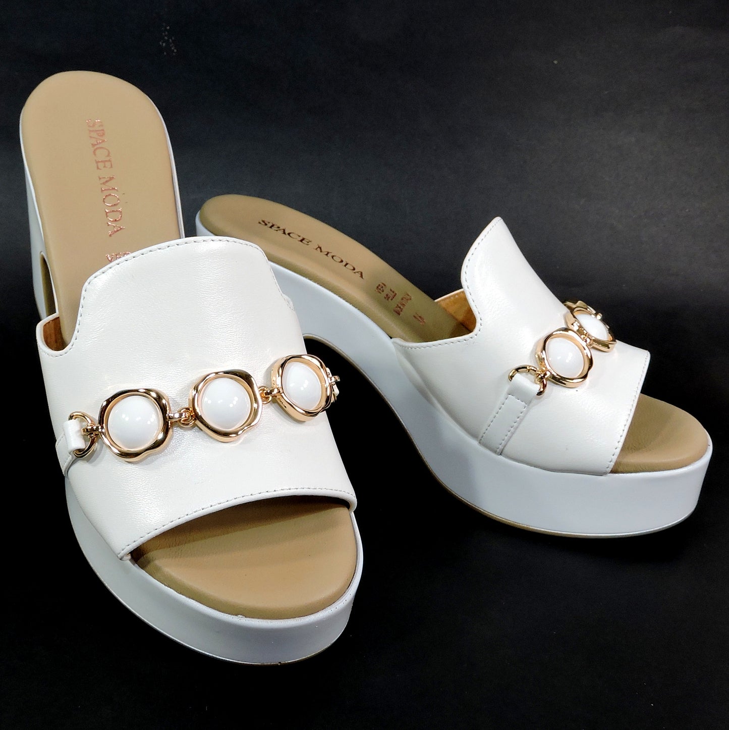 SPACE MODA BY REPO 🇮🇹 WOMEN'S WHITE SOFT LEATHER COMFORT SUMMER HEELED MULES