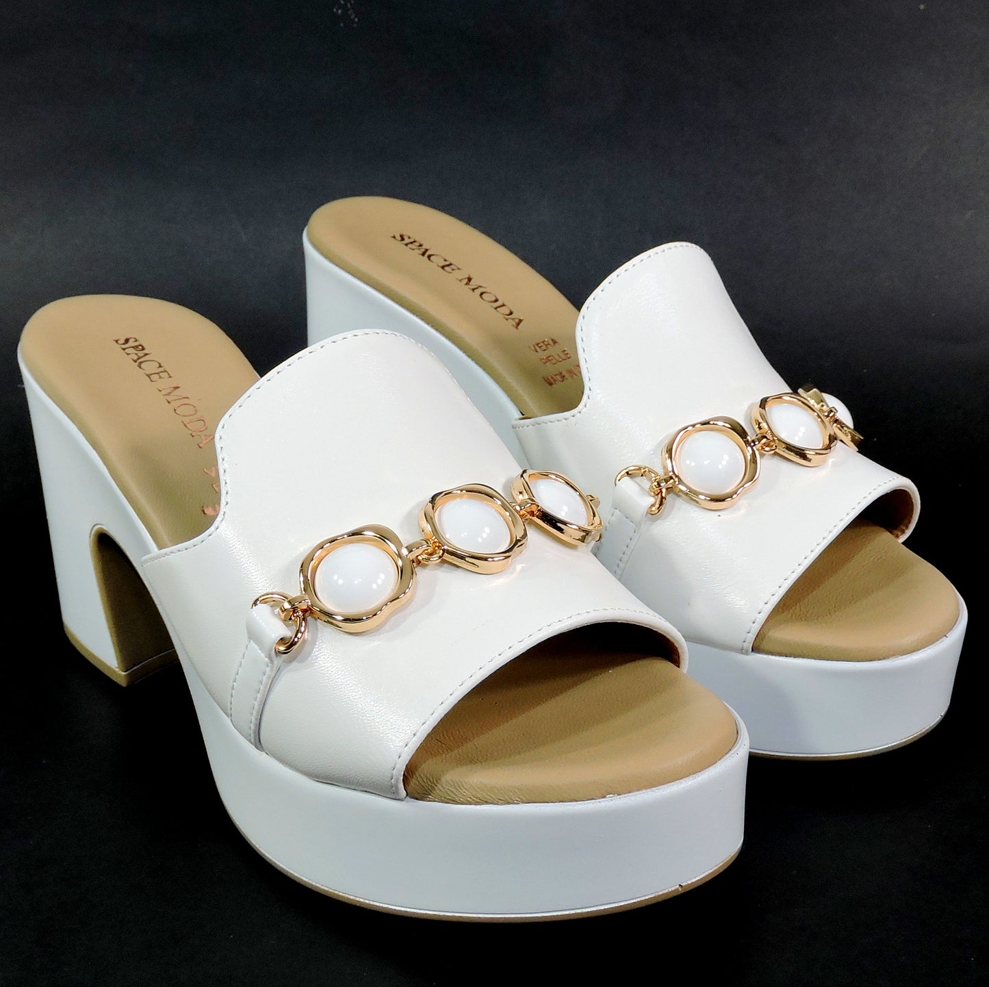 SPACE MODA BY REPO 🇮🇹 WOMEN'S WHITE SOFT LEATHER COMFORT SUMMER HEELED MULES