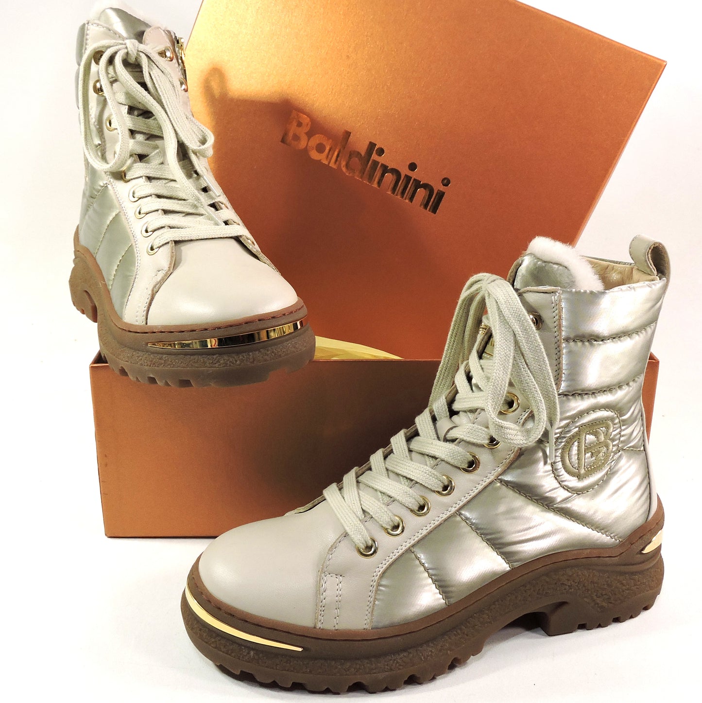 BALDININI 🇮🇹 WOMEN'S BEIGE SOFT LEATHER & FABRIC COMFORT WINTER FUR BOOTIE