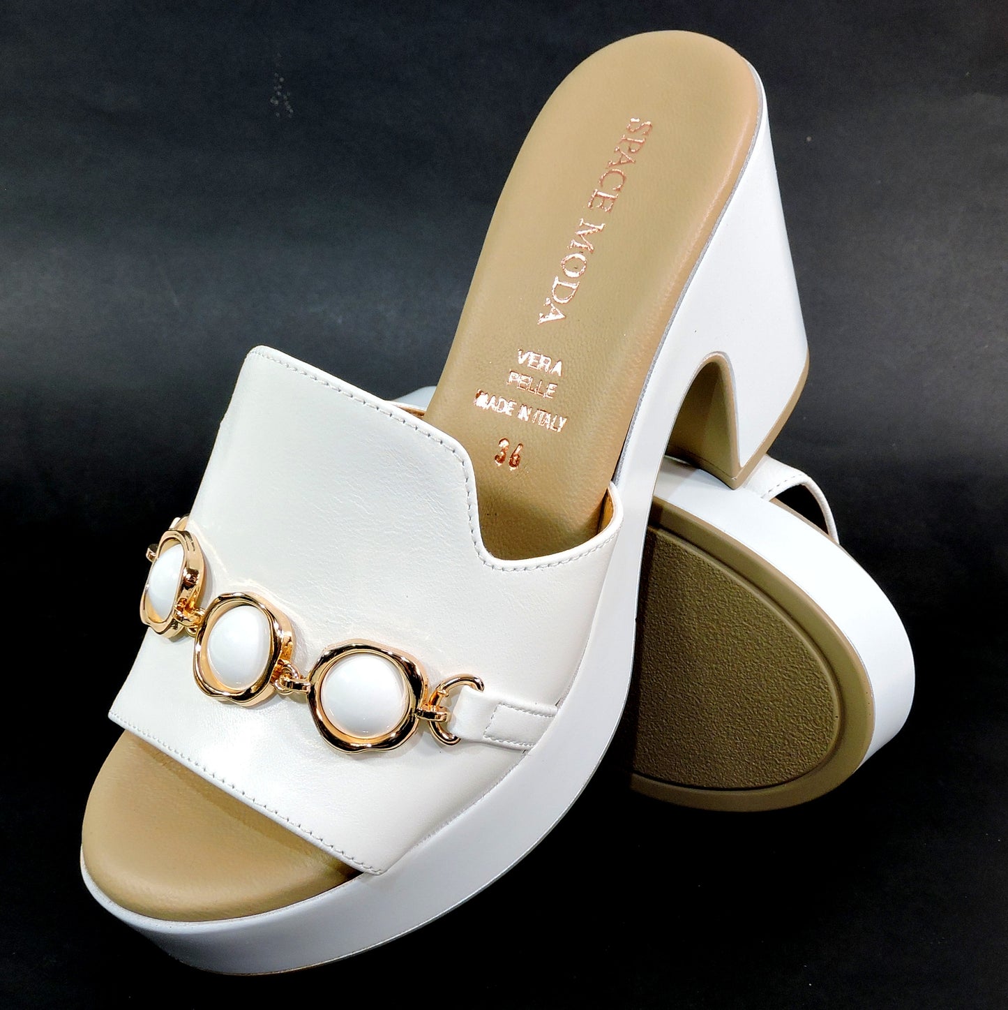 SPACE MODA BY REPO 🇮🇹 WOMEN'S WHITE SOFT LEATHER COMFORT SUMMER HEELED MULES