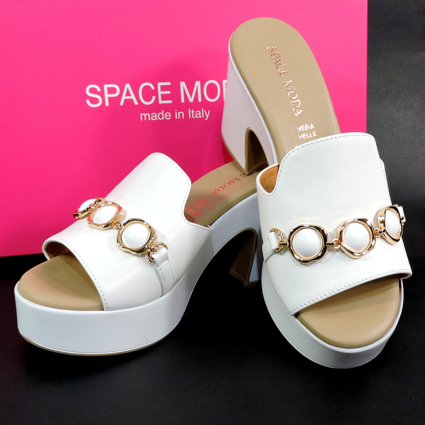 SPACE MODA BY REPO 🇮🇹 WOMEN'S WHITE SOFT LEATHER COMFORT SUMMER HEELED MULES