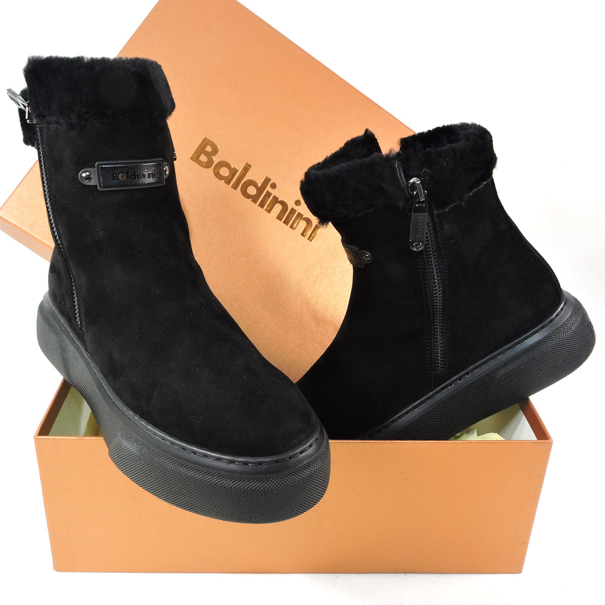 BALDININI š®š¹ WOMEN'S BLACK SUEDE WINTER COMFORT FLATS TWO ZIPES BOOTIES