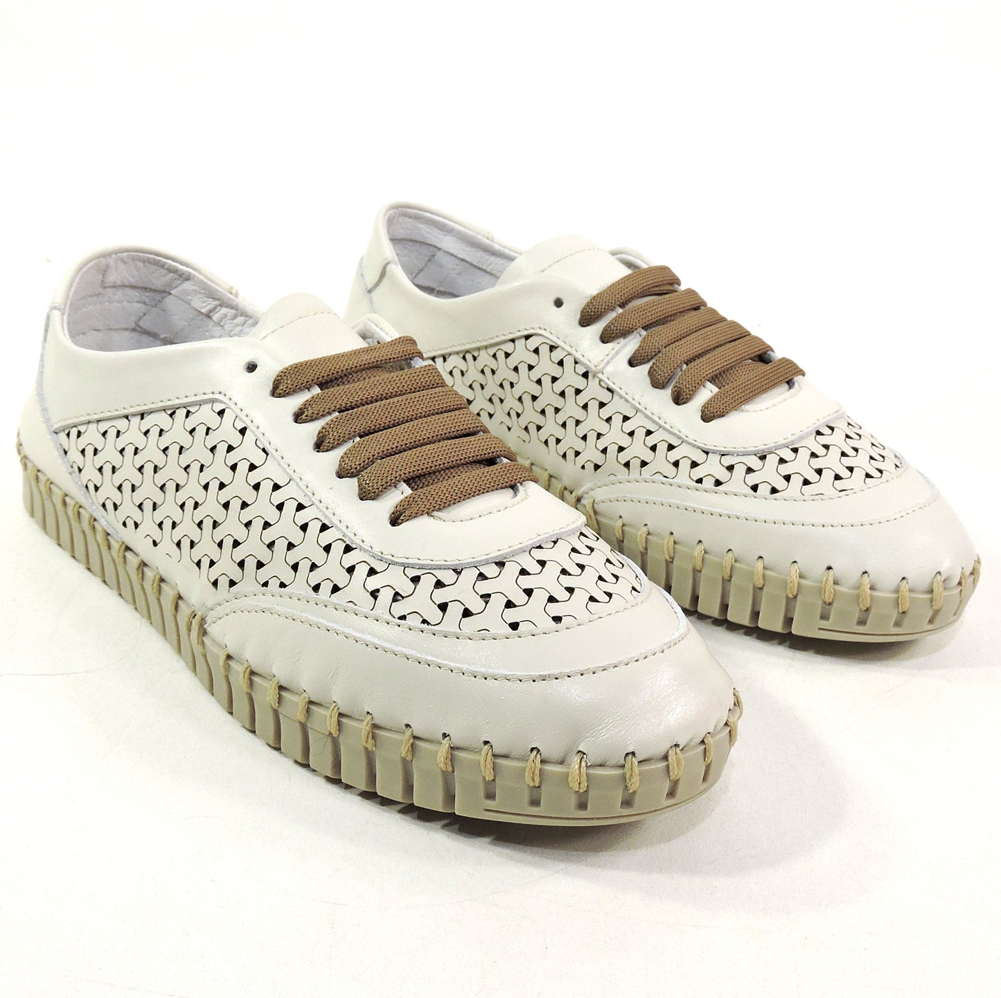FRAU 🇮🇹 WOMEN'S SOFT IVORY LEATHER COMFORT SUMMER LACE UP FLAT SHOES