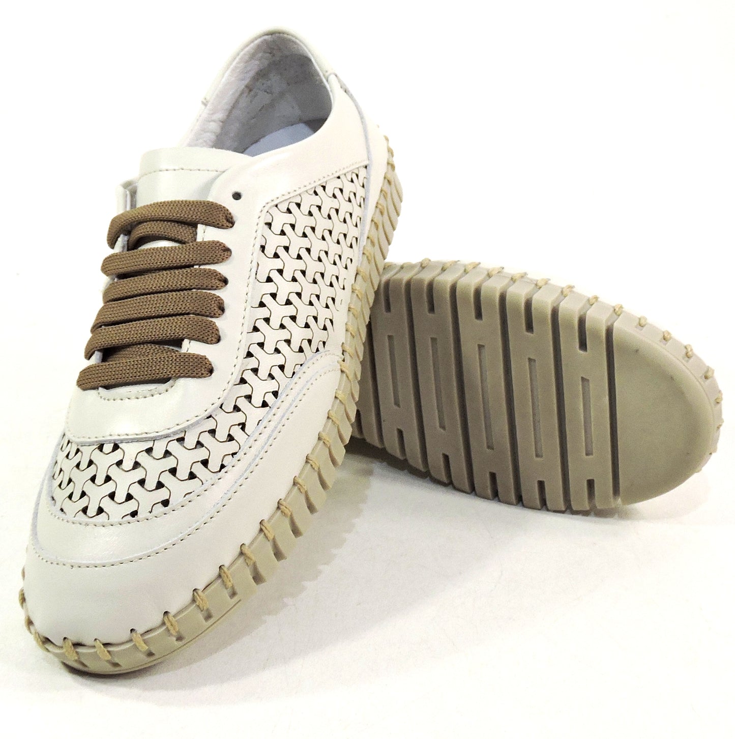 FRAU 🇮🇹 WOMEN'S SOFT IVORY LEATHER COMFORT SUMMER LACE UP FLAT SHOES
