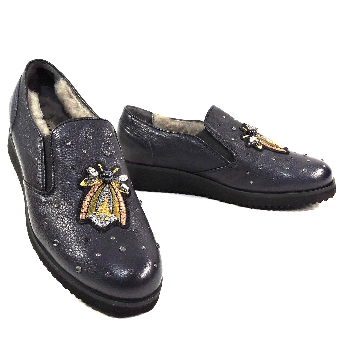 MARZETTI 🇮🇹 WOMEN'S PURPLE SOFT LEATHER COMFORT WINTER LOAFERS LAMB FUR INSIDE