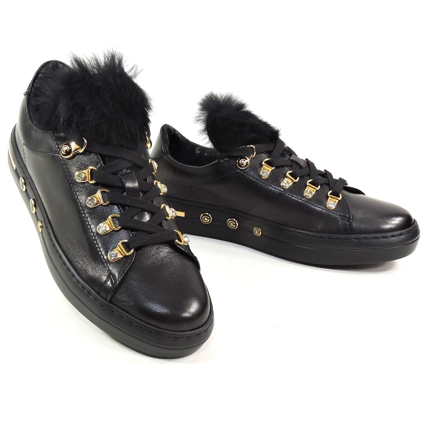 BALDININI 🇮🇹 WOMEN'S BLACK SOFT LEATHER FUR TRIM FASHION SNEAKERS