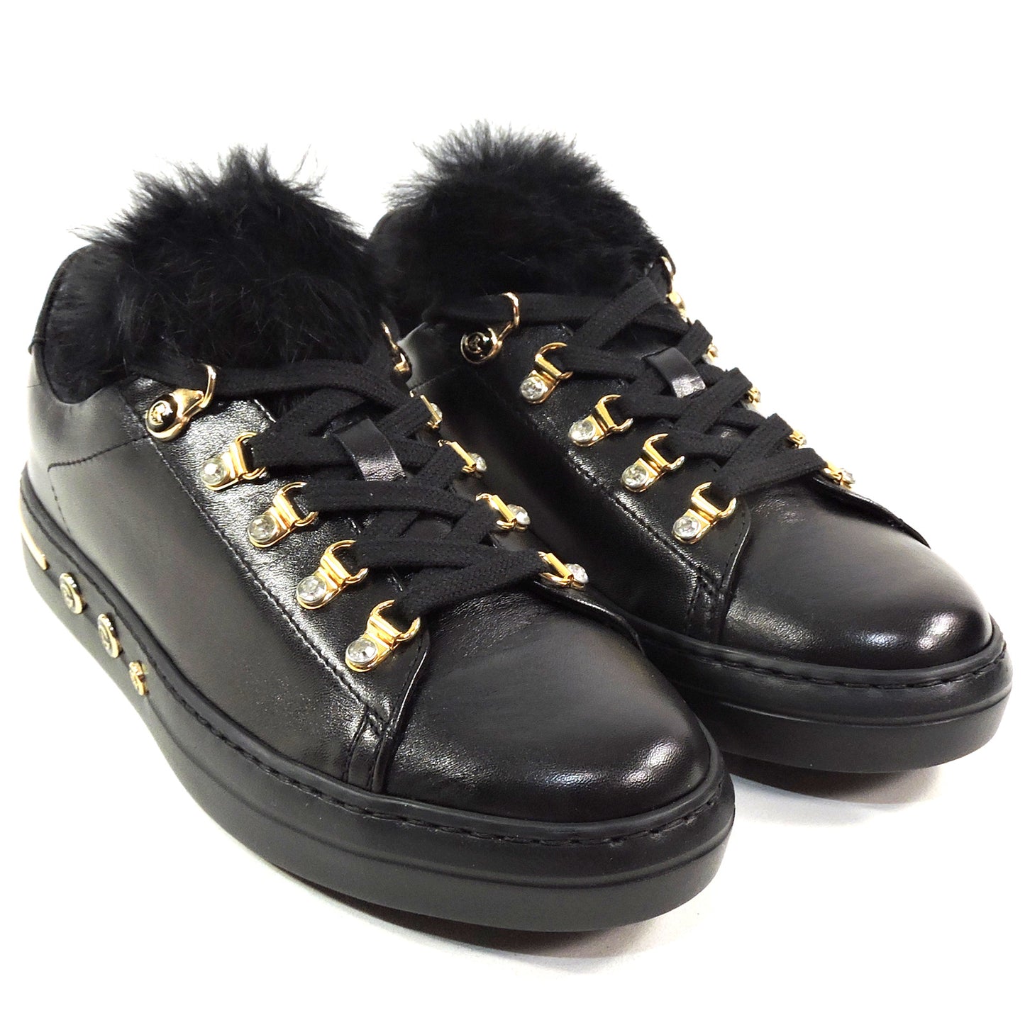 BALDININI 🇮🇹 WOMEN'S BLACK SOFT LEATHER FUR TRIM FASHION SNEAKERS