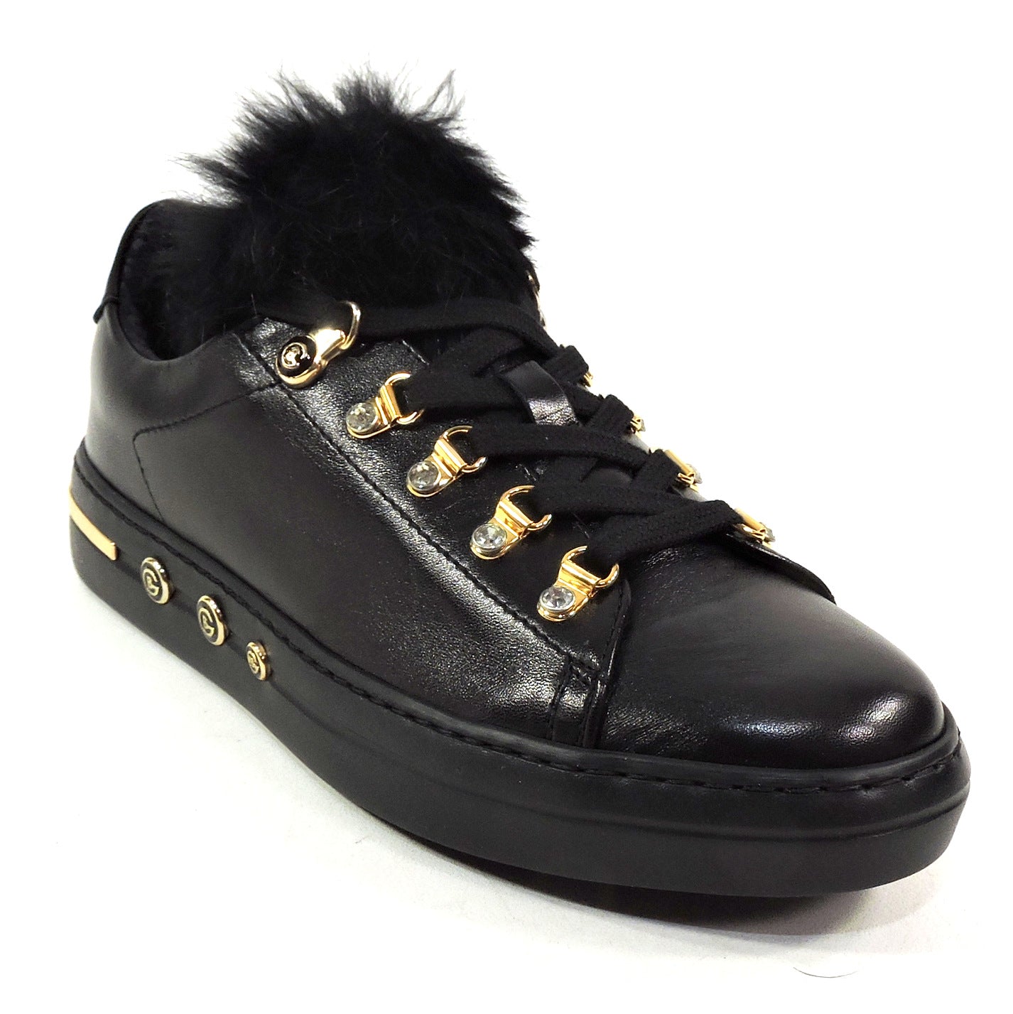BALDININI 🇮🇹 WOMEN'S BLACK SOFT LEATHER FUR TRIM FASHION SNEAKERS